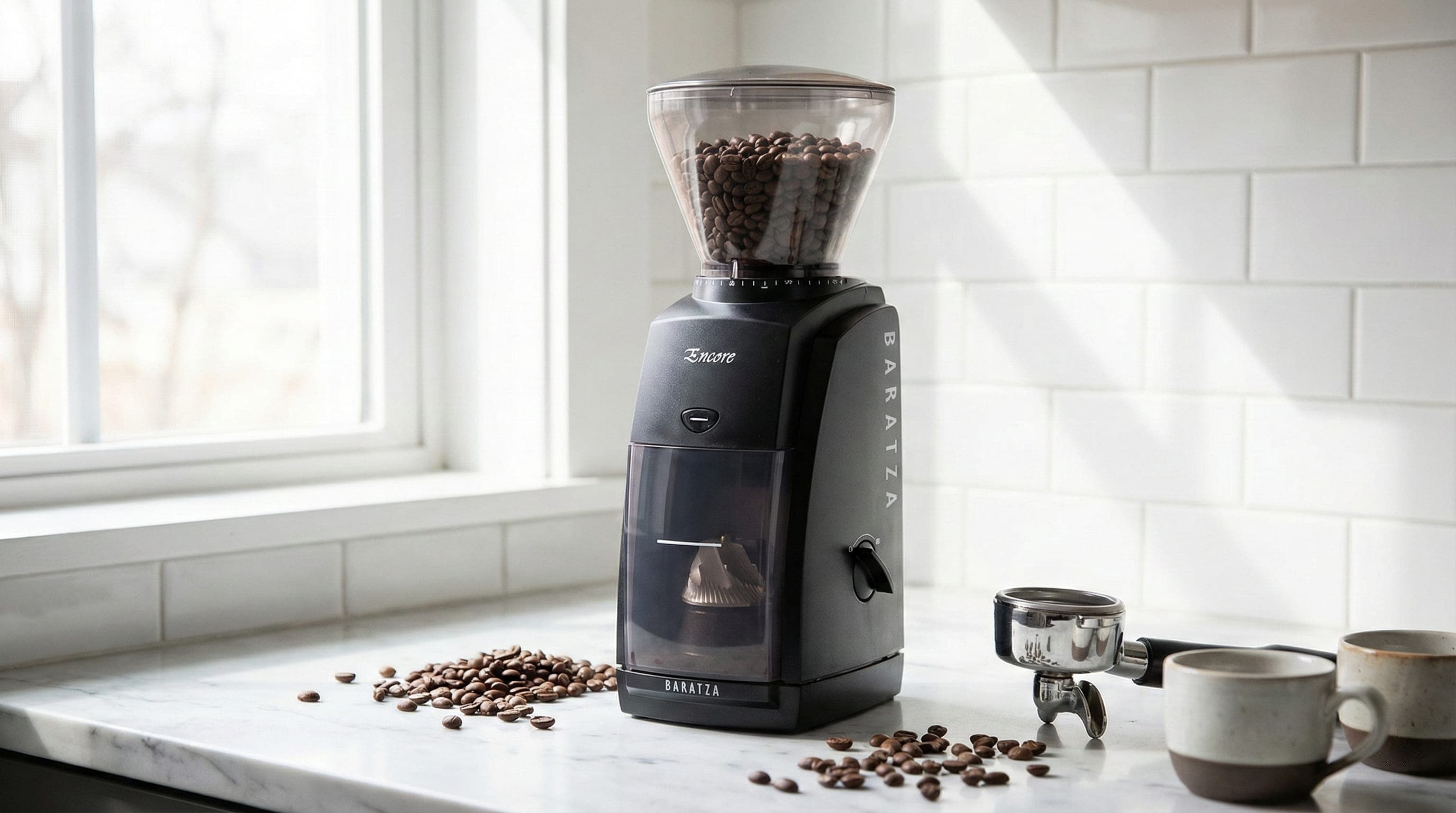 Baratza Encore ESP conical burr espresso-capable grinder with 40mm hardened steel burrs, 40 precision grind settings optimized for espresso range, entry-level home grinding, consistent particle distribution for 25-30 second extraction times, user-friendly pulse button dosing control, fully repairable design with available replacement parts, specialty coffee shop consultation tested, grinder technology analysis for home baristas