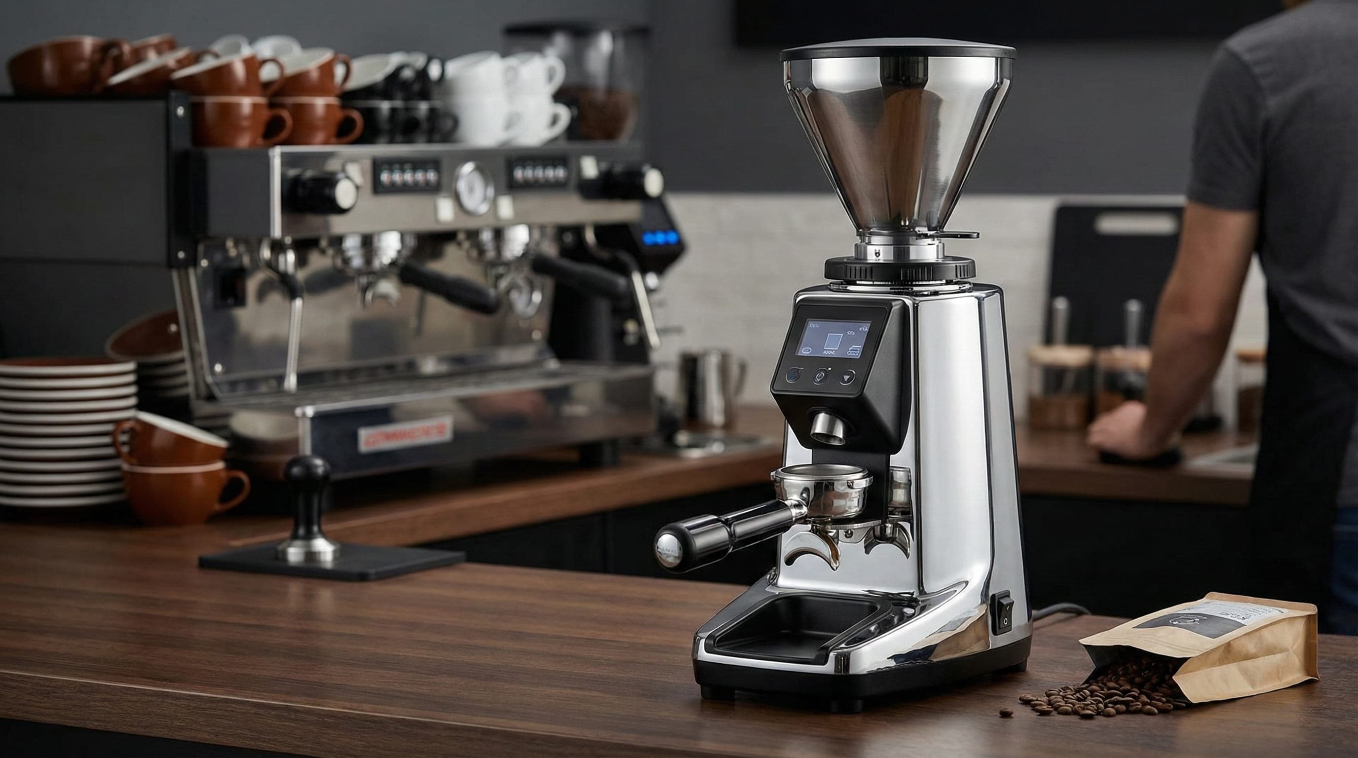 Eureka Mignon Specialita espresso-focused burr grinder with 55mm flat burr set, stepless micrometric adjustment for precise espresso grinding, silent grinding technology for quiet operation, timer-based dosing system for consistent shot-to-shot performance, anti-clumping screen reducing static, low retention hopper design, compact professional café-quality equipment, temperature-stable motor, specialty coffee shop equipment consultation tested for extraction optimization and consistent espresso particle distribution