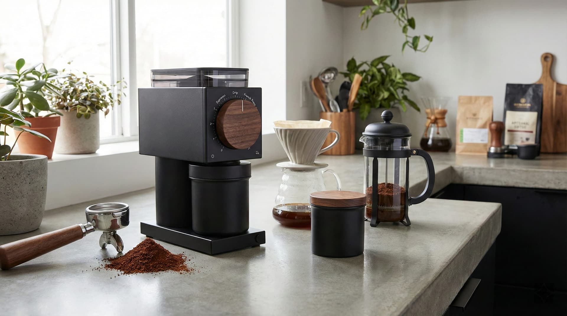 Fellow Opus all-purpose versatile coffee grinder with 41 precision grind settings from espresso 200 microns to cold brew 1200 microns, anti-static technology reducing retention, conical burr design for consistent particle distribution, intuitive ring dial adjustment, low RPM motor for cool grinding, compact modern design, mid-range enthusiast equipment tested with SCA Q Grader evaluation for home brewing optimization across multiple brew methods