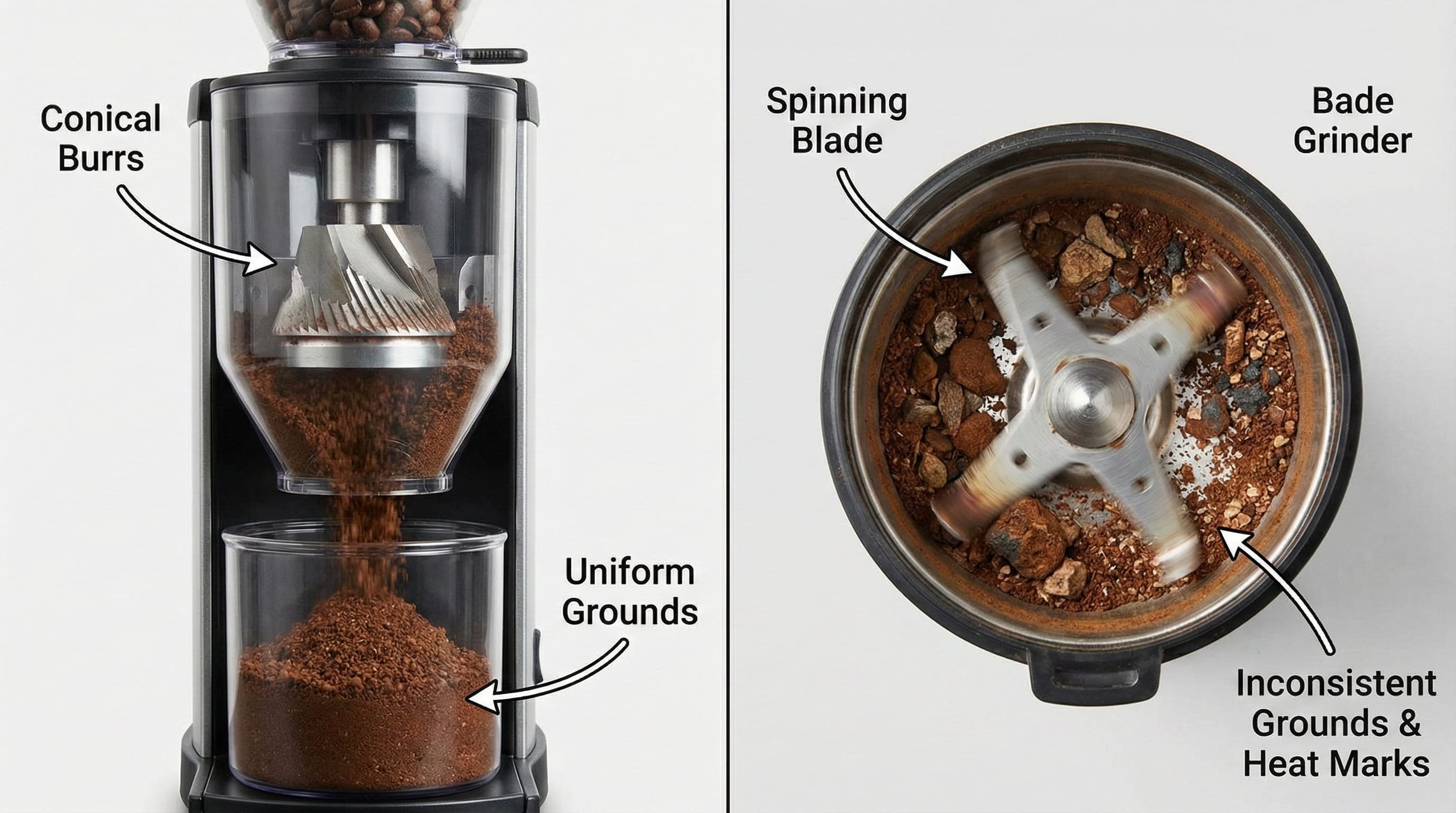 Detailed technical comparison of burr coffee grinders versus blade grinders showing particle size distribution analysis, burr geometry creating uniform grind consistency with minimal fines versus blade chopper producing irregular particle sizes with excessive fines and boulders, extraction quality differences measured with refractometer showing optimal versus sub-optimal coffee extraction, burr alignment and motor torque impact on particle uniformity from grinder technology analysis and manufacturing facility testing in Germany and Italy with SCA-certified evaluation protocols