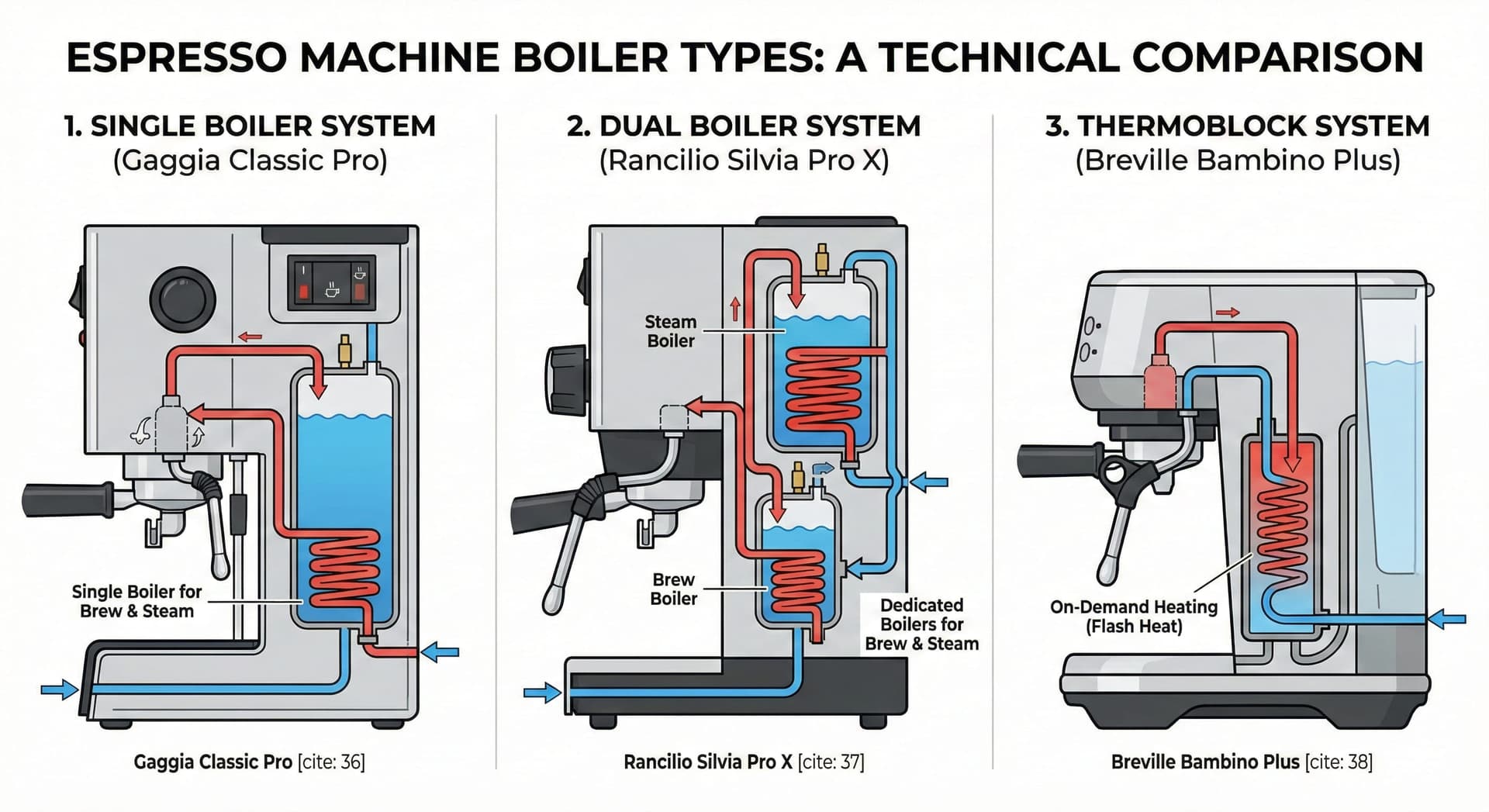 Technical diagram showing single boiler, dual boiler, and thermoblock espresso machine systems