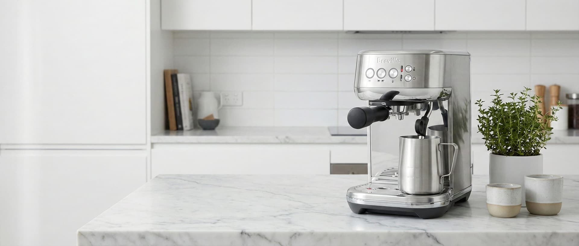 Breville Bambino Plus compact espresso machine with ThermoJet heating system achieving optimal brewing temperature in 3 seconds, automatic microfoam milk texturing with adjustable temperature settings, 54mm portafilter with pressurized and non-pressurized baskets, and brushed stainless steel finish perfect for small kitchen countertops from budget espresso machine comparison testing