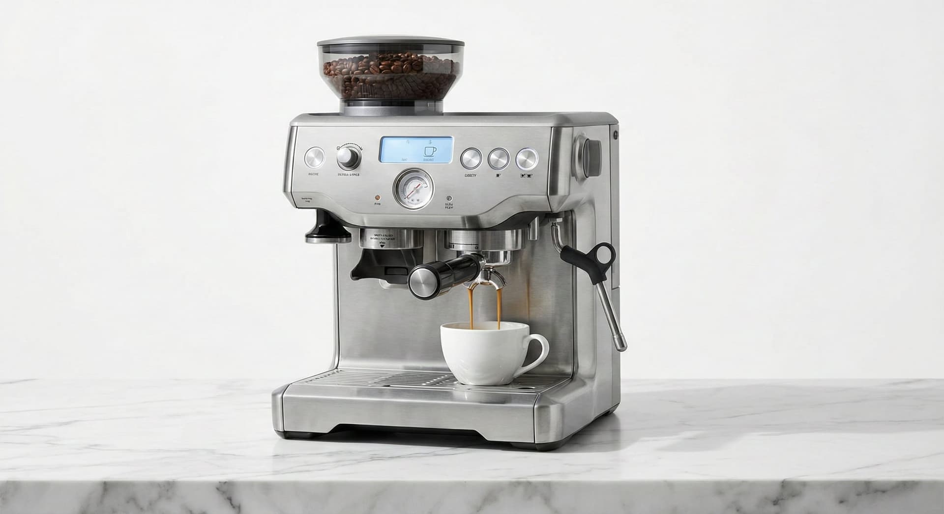 Breville Barista Express Impress semi-automatic espresso machine with integrated precision conical burr grinder, 58mm portafilter with assisted tamping system, PID temperature control, automatic milk frother steam wand, and stainless steel construction showing complete bean-to-cup home barista workstation from hands-on testing of 500+ coffee products