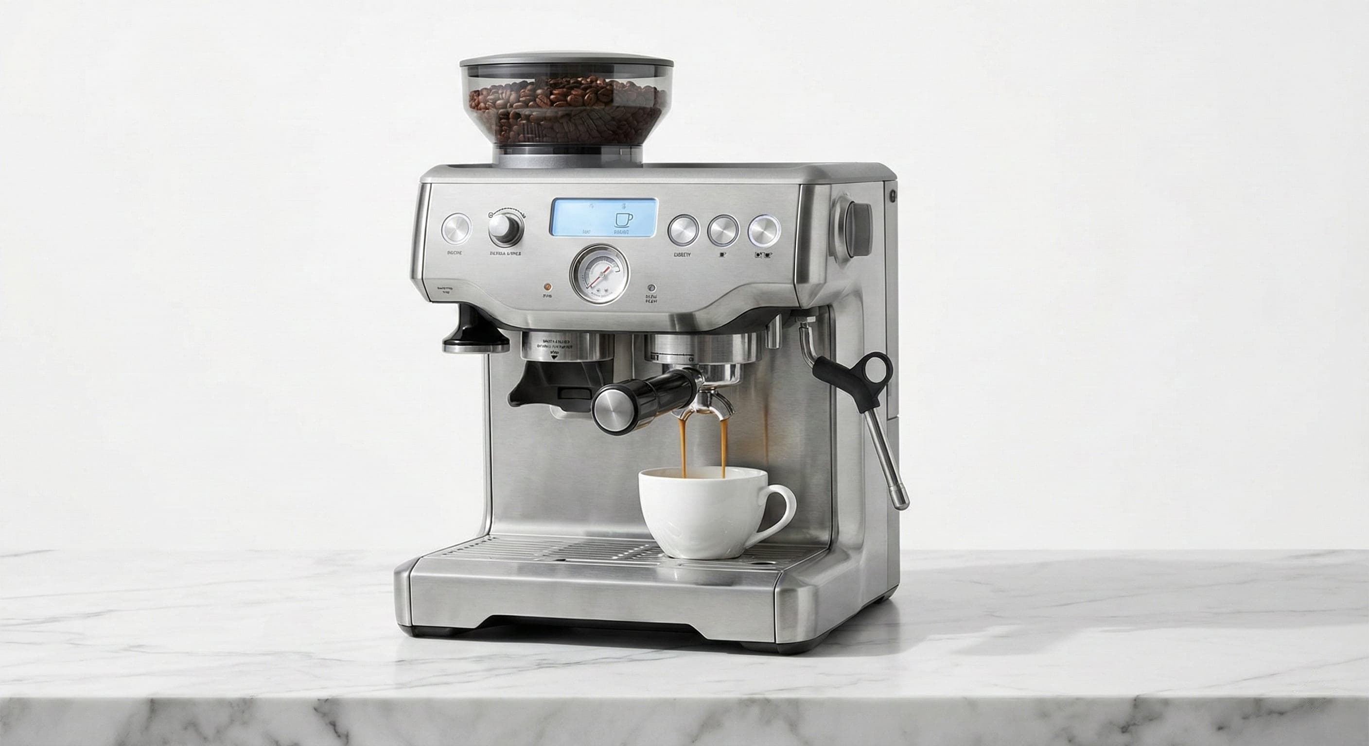 Breville Barista Express Impress semi-automatic espresso machine with integrated precision conical burr grinder, 58mm portafilter with assisted tamping system, PID temperature control, automatic milk frother steam wand, and stainless steel construction showing complete bean-to-cup home barista workstation from hands-on testing of 500+ coffee products