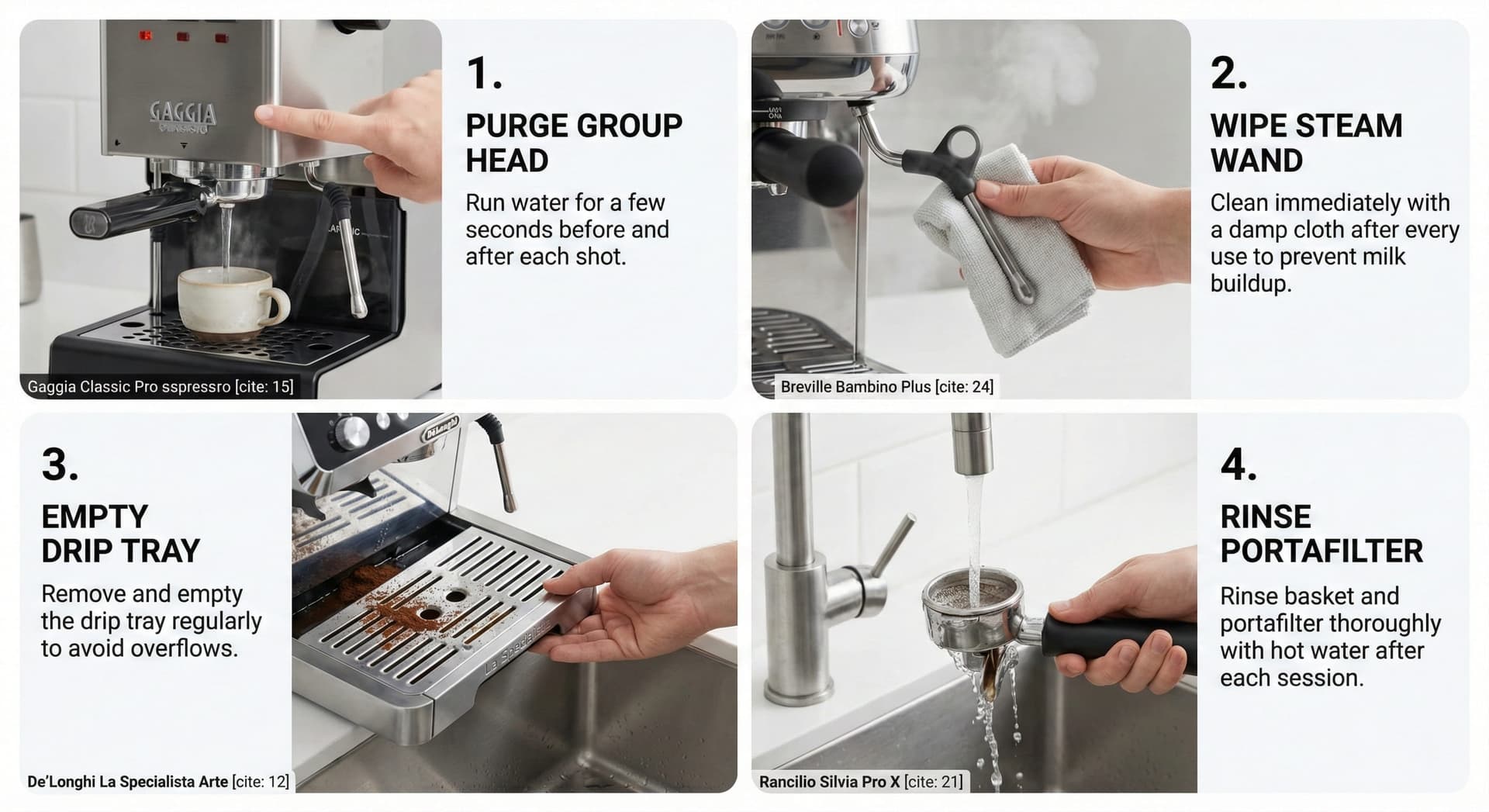 Step-by-step visual guide for daily espresso machine maintenance
