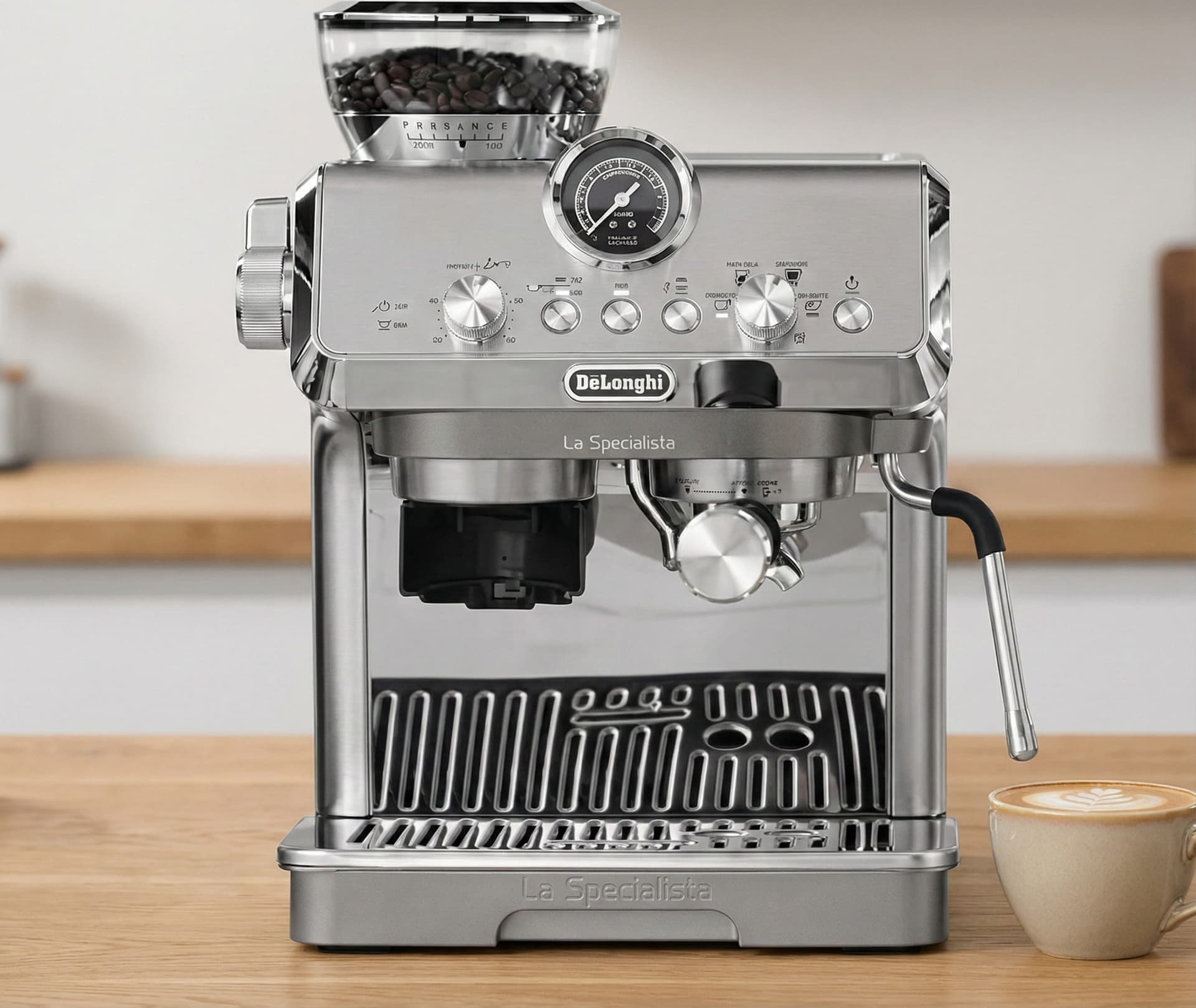 De'Longhi La Specialista Arte semi-automatic espresso machine with Smart Tamping Station, active temperature control with dual heating system, manual microfoam milk texturing wand, integrated conical burr grinder with sensor grinding technology, and My LatteArt system from comprehensive espresso equipment testing