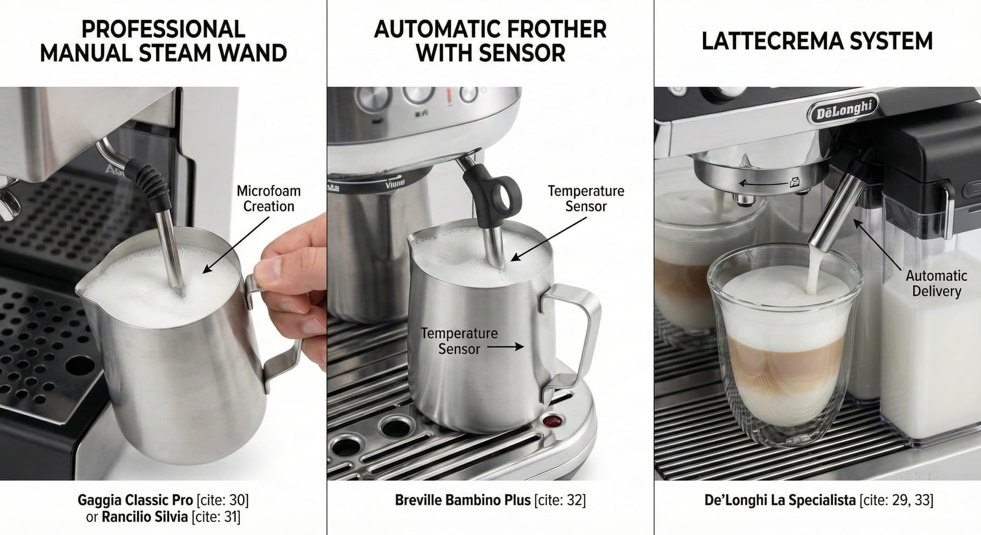 Comparison of different milk frothing systems across espresso machines