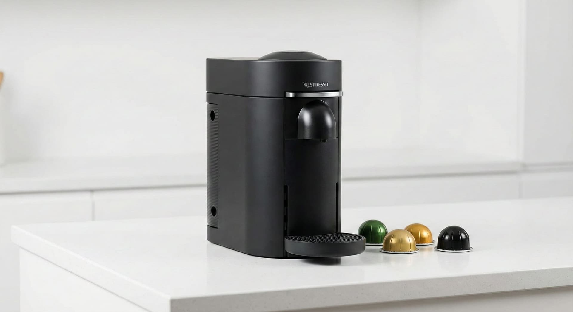 Nespresso VertuoPlus fully automatic pod espresso machine with Centrifusion extraction technology spinning capsules at 7000 RPM, one-touch brewing with barcode capsule recognition, automatic used capsule ejection into 13-capsule container, moveable water tank, and chrome finish for ultimate convenience from super-automatic testing evaluation