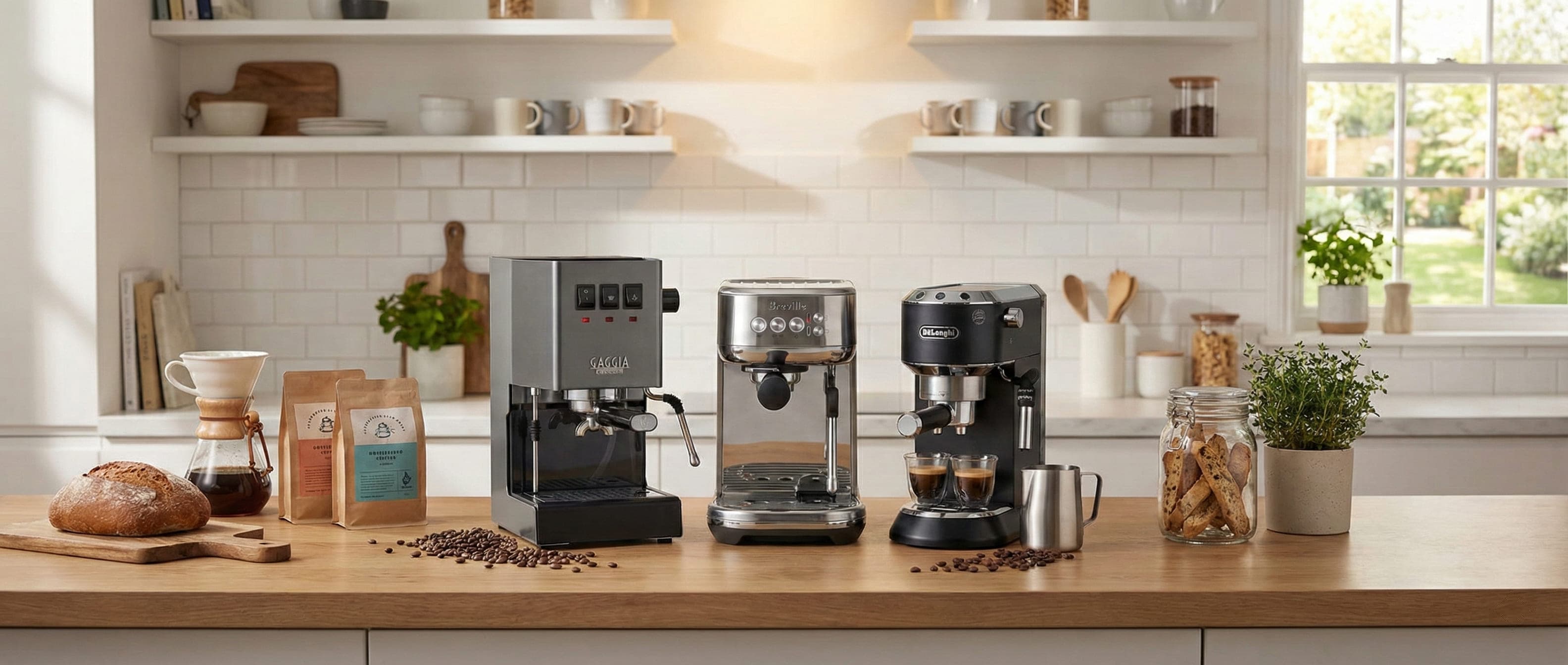 Budget espresso machines under $500 including Gaggia Classic Pro and Breville Bambino Plus on modern kitchen counter
