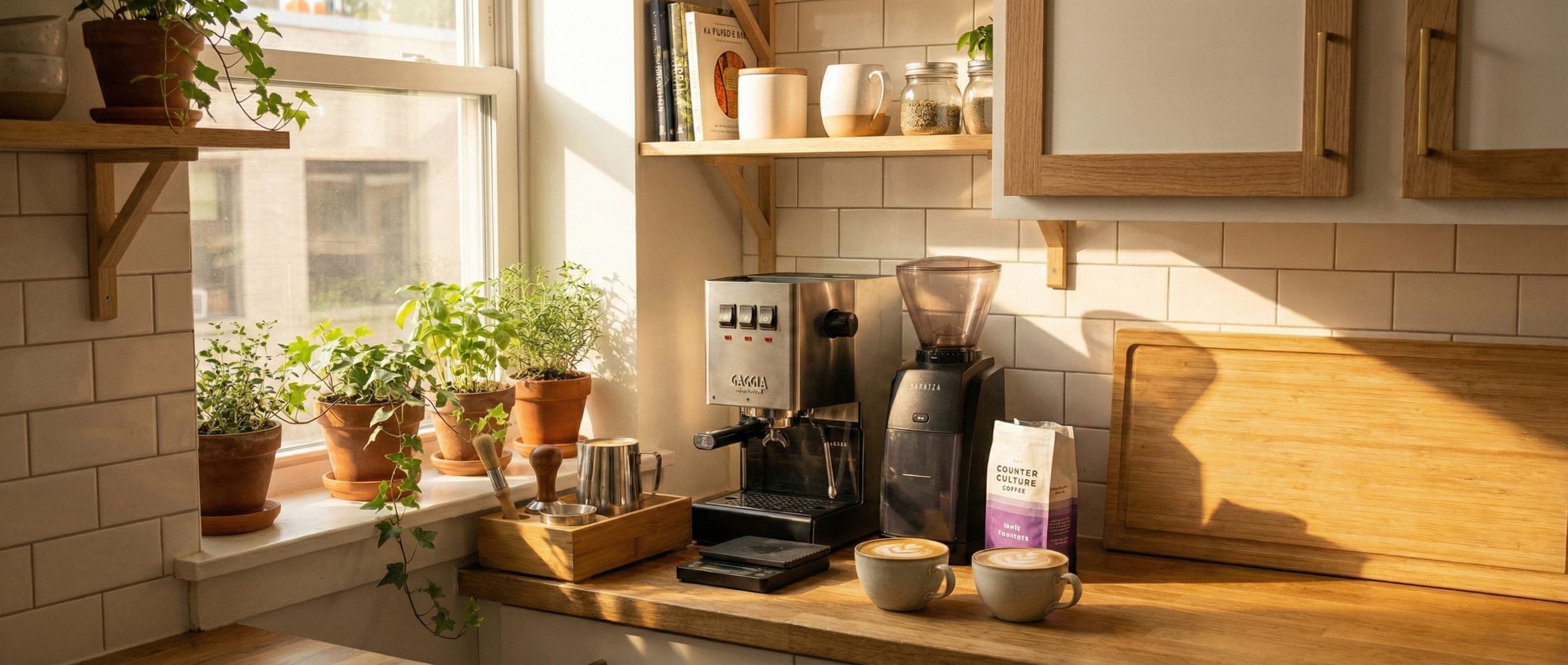 Complete budget home espresso setup with machine, grinder, and accessories on apartment kitchen counter
