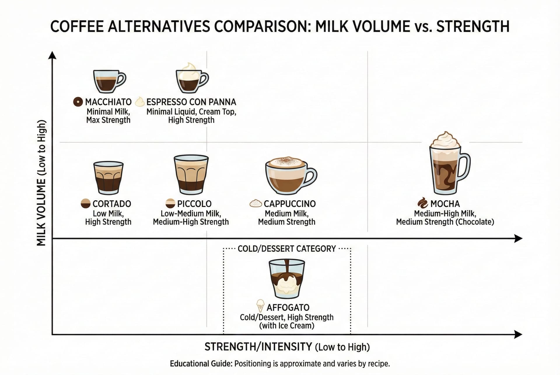 Comprehensive comparison chart showing espresso-to-milk ratios, strength levels, calorie counts, and flavor intensity for seven coffee alternatives - barista training reference guide