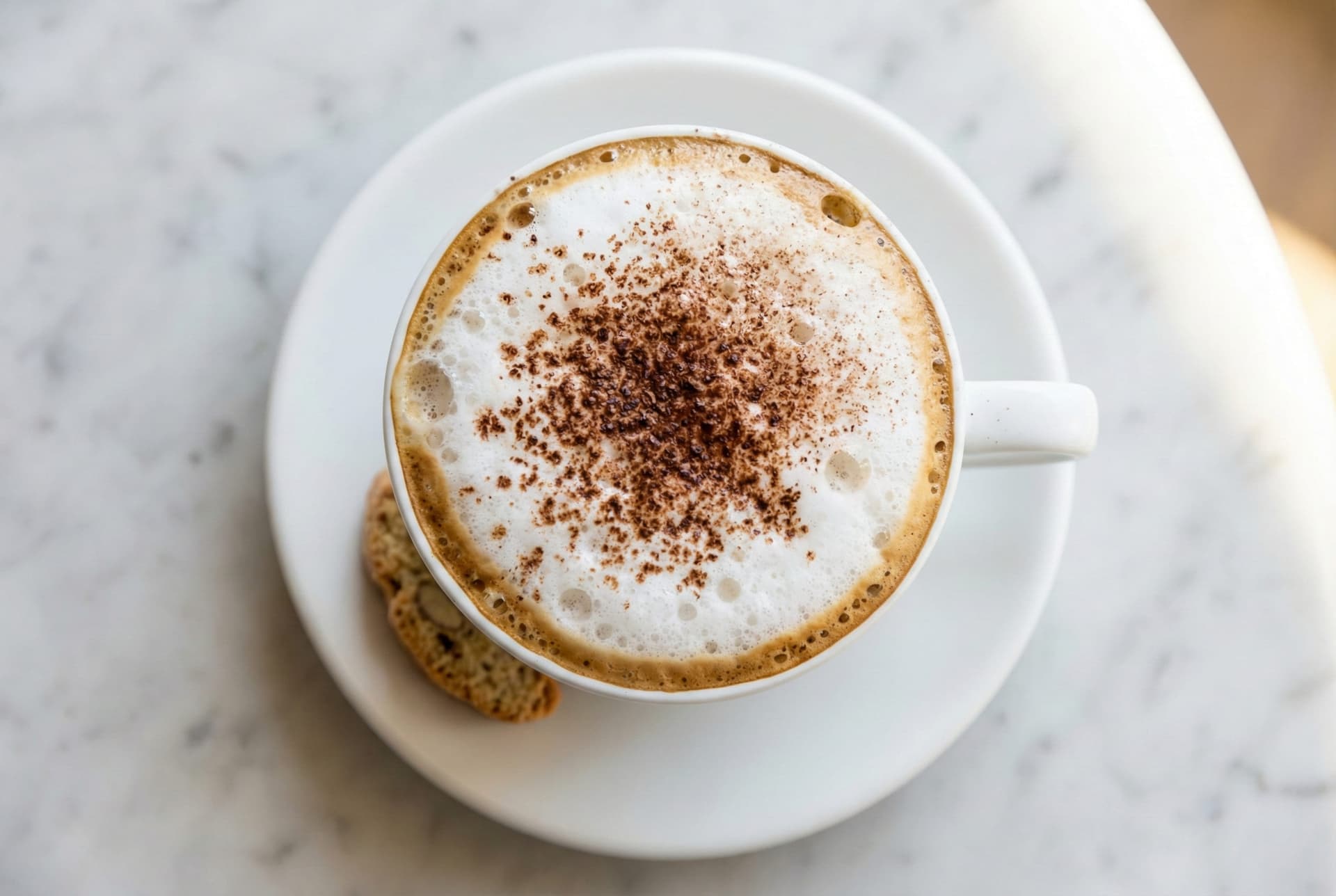 Traditional Italian cappuccino with thick microfoam layer, 1:1:1 ratio, and cocoa dusting in wide-mouth ceramic cup - classic espresso drink with three-layer texture