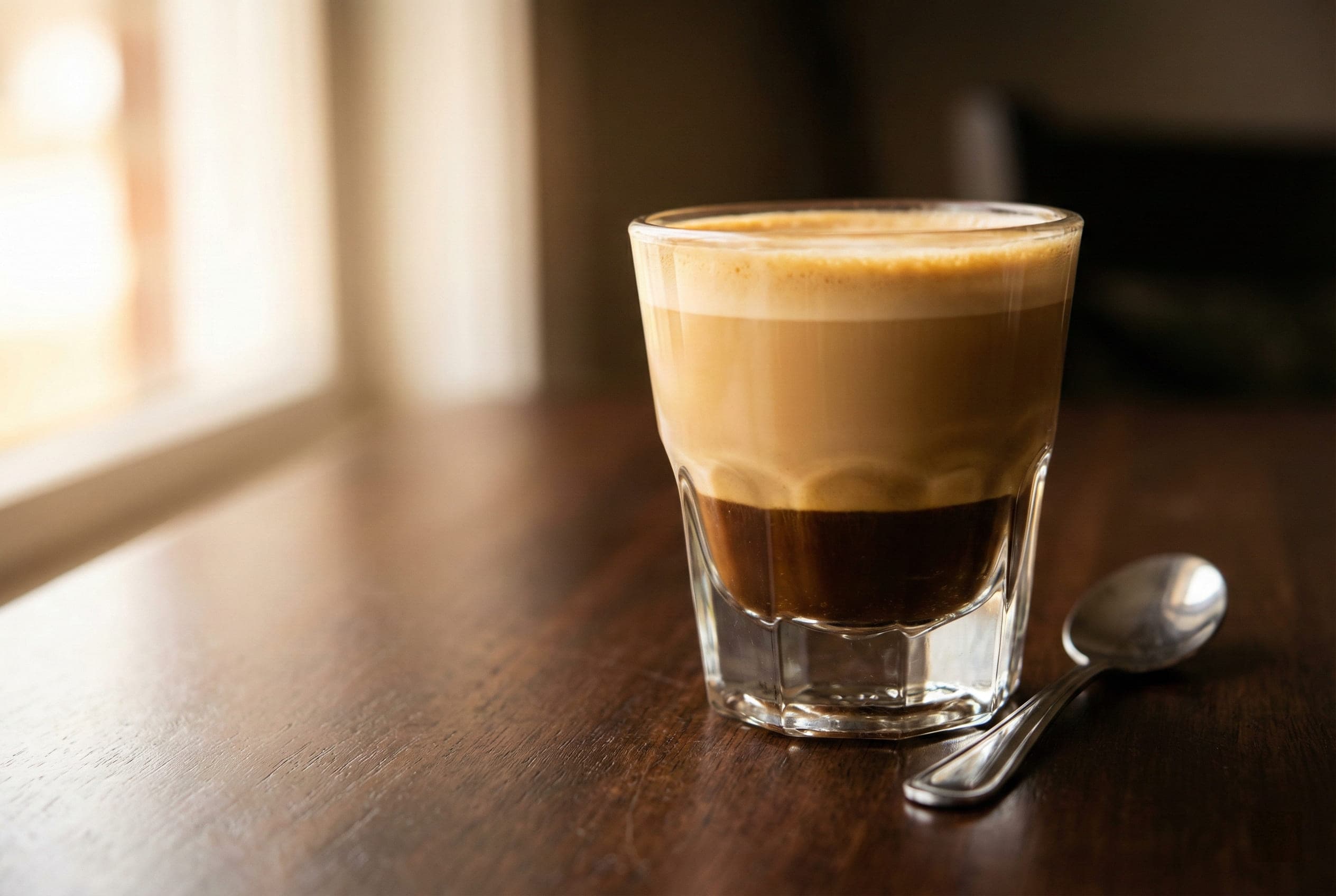 Spanish cortado in traditional Gibraltar glass showing perfect 1:1 espresso-to-milk ratio with minimal microfoam - balanced alternative to milk-heavy latte drinks