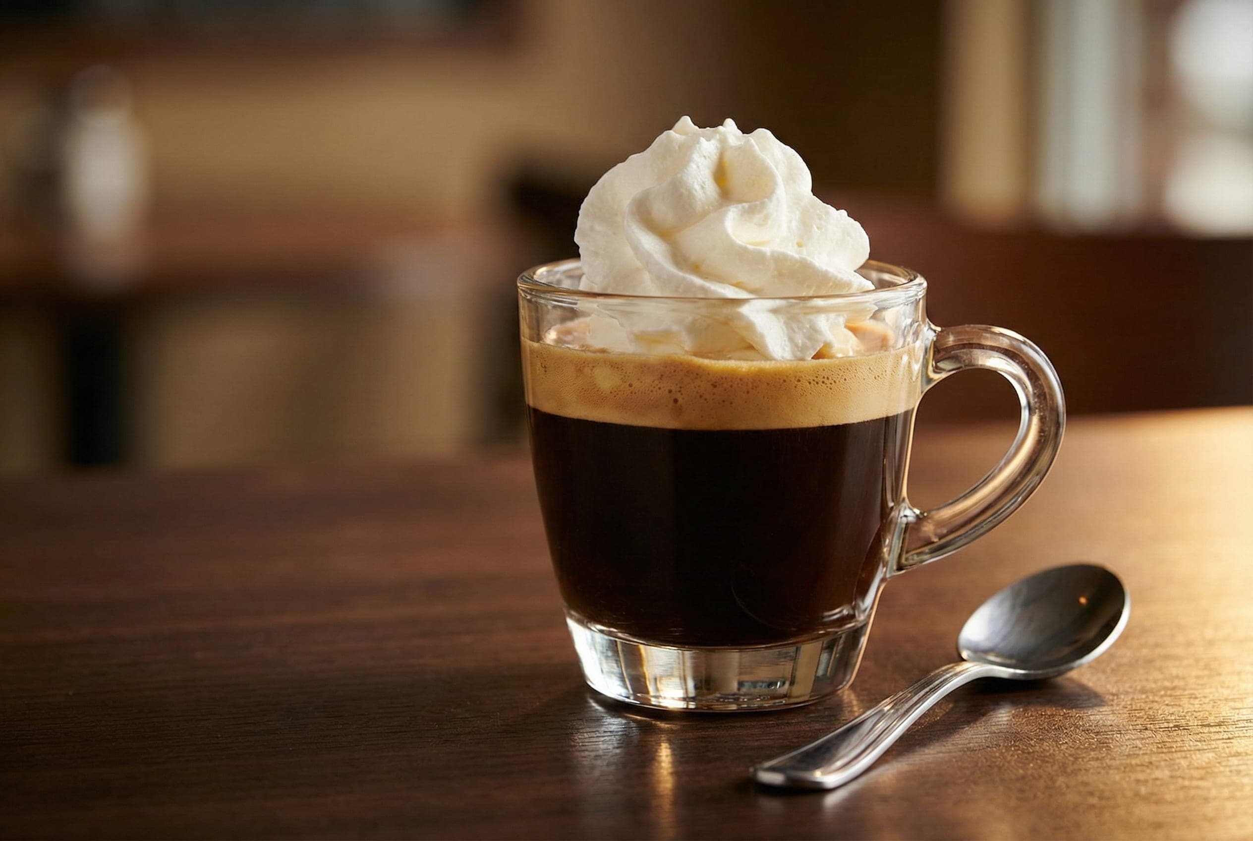 Italian espresso con panna in demitasse cup with freshly whipped cream topping - sweet, rich dessert-style coffee alternative showing indulgent presentation