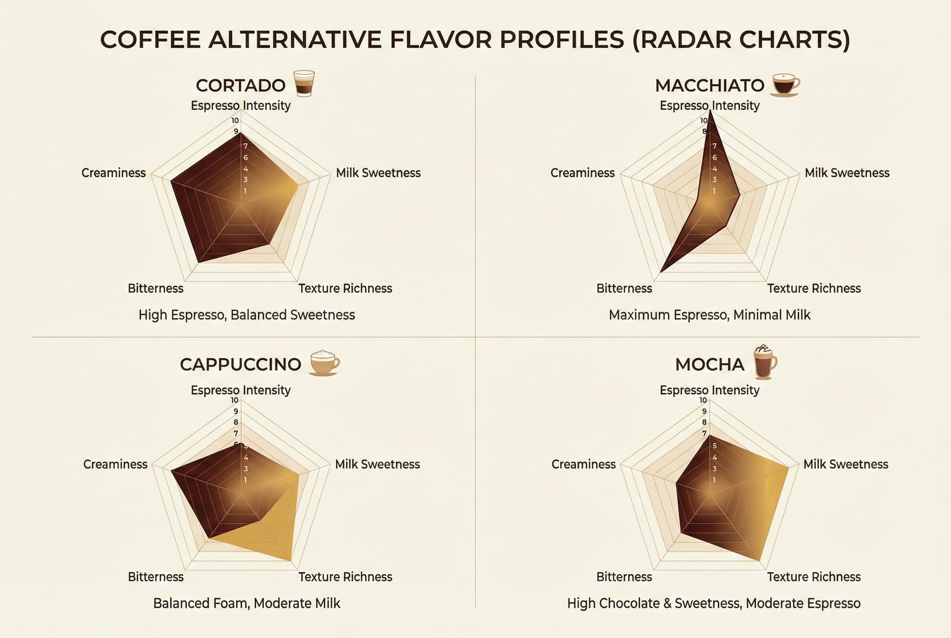Flavor profile wheels and taste characteristic diagrams for each espresso drink alternative showing acidity, bitterness, sweetness, and body - sensory analysis reference