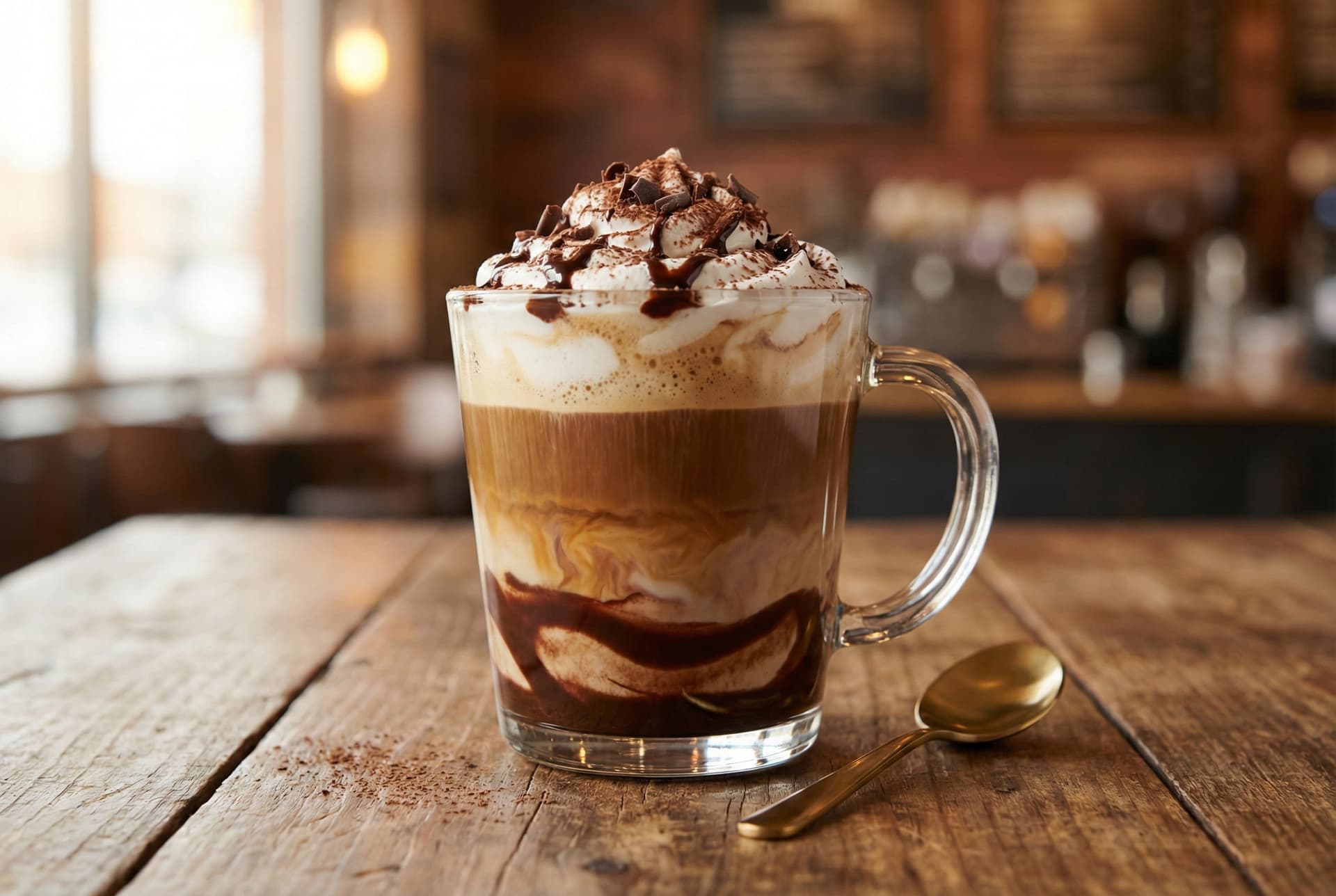 Caffè mocha with dark chocolate ganache, double espresso shot, and steamed milk topped with whipped cream - sweet specialty coffee drink alternative combining coffee and cocoa
