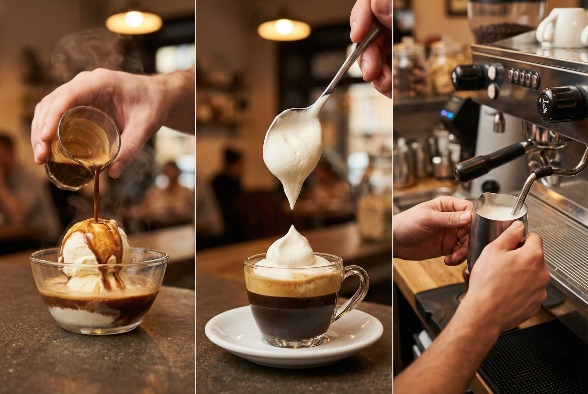 Professional barista hands demonstrating milk texturing and espresso extraction techniques for specialty coffee drinks - showing proper steam wand position and milk frothing methods