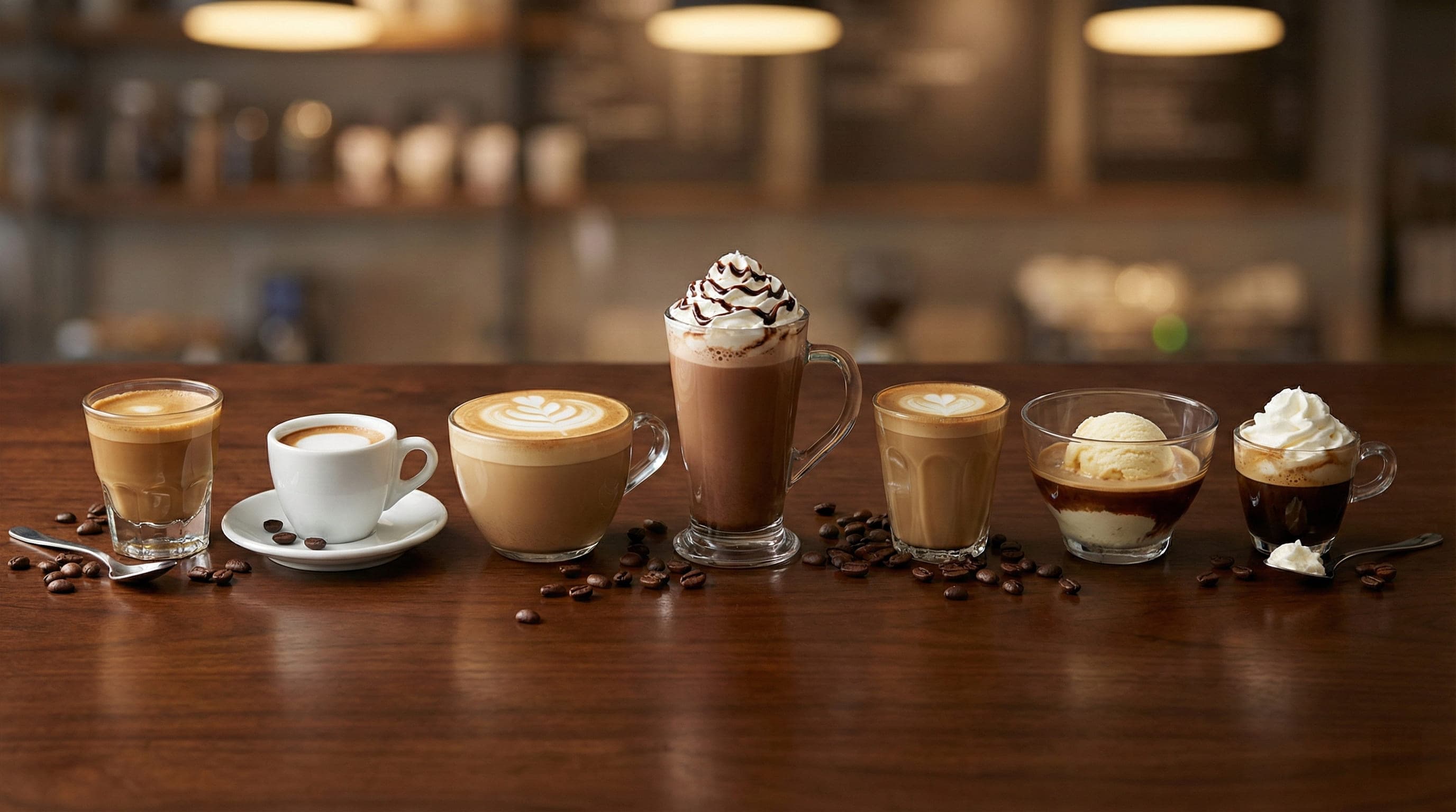 Seven alternative espresso drinks to latte and flat white including cortado, macchiato, cappuccino, mocha, americano, piccolo, and espresso con panna arranged for comparison