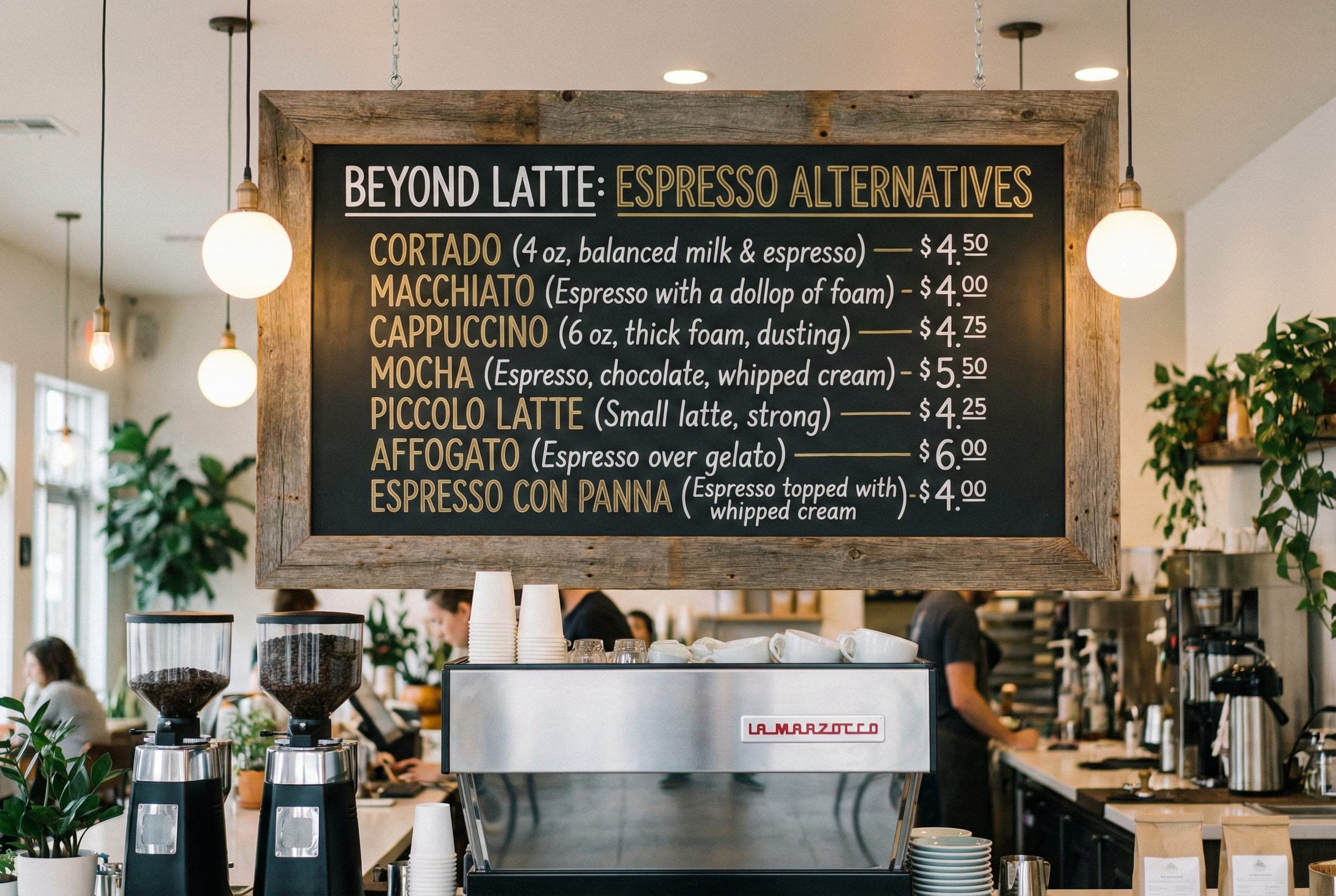 Modern specialty café menu board highlighting espresso drink alternatives beyond standard latte and flat white - showing cortado, macchiato, cappuccino, piccolo, and con panna options