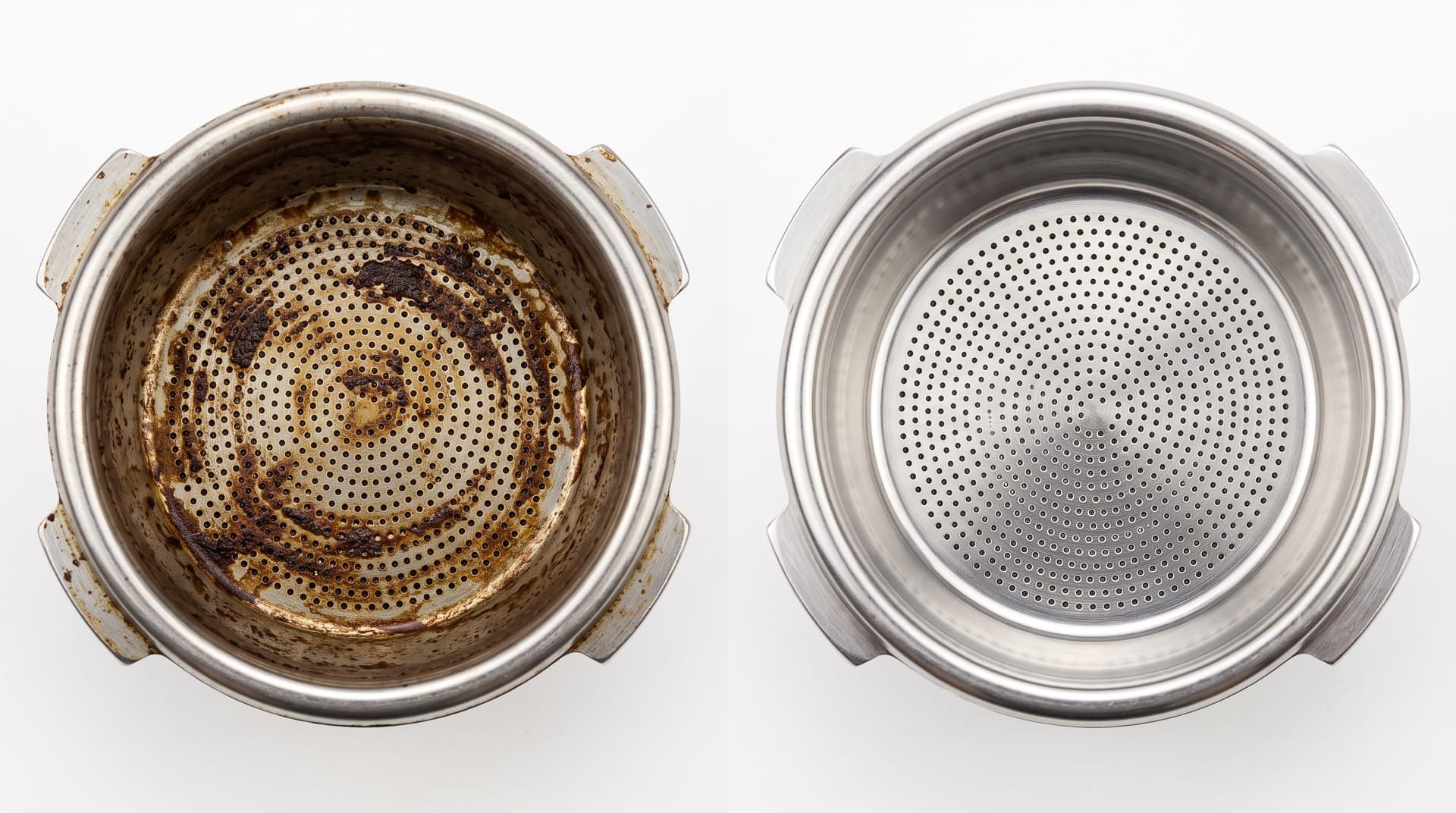 Portafilter basket before and after cleaning with Cafiza tablet — left basket coated in dark rancid coffee oil, right basket gleaming clean stainless steel after soak
