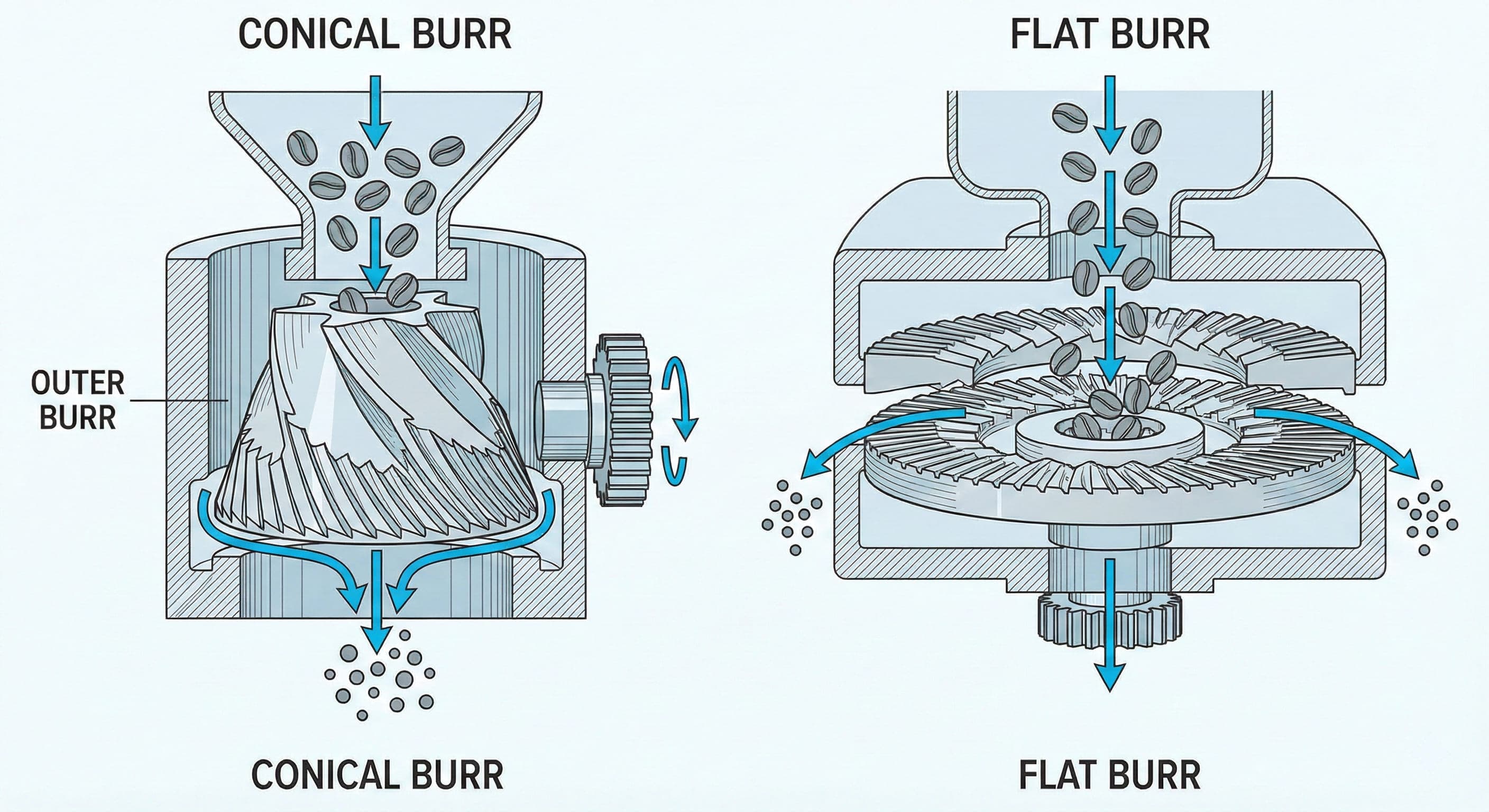 Detailed technical cutaway engineering diagram showing conical burr cone geometry and flat parallel burr disc grinding mechanisms with particle flow paths, burr gap adjustment, and grind uniformity patterns from grinder technology analysis and manufacturing facility visits to Germany and Italy