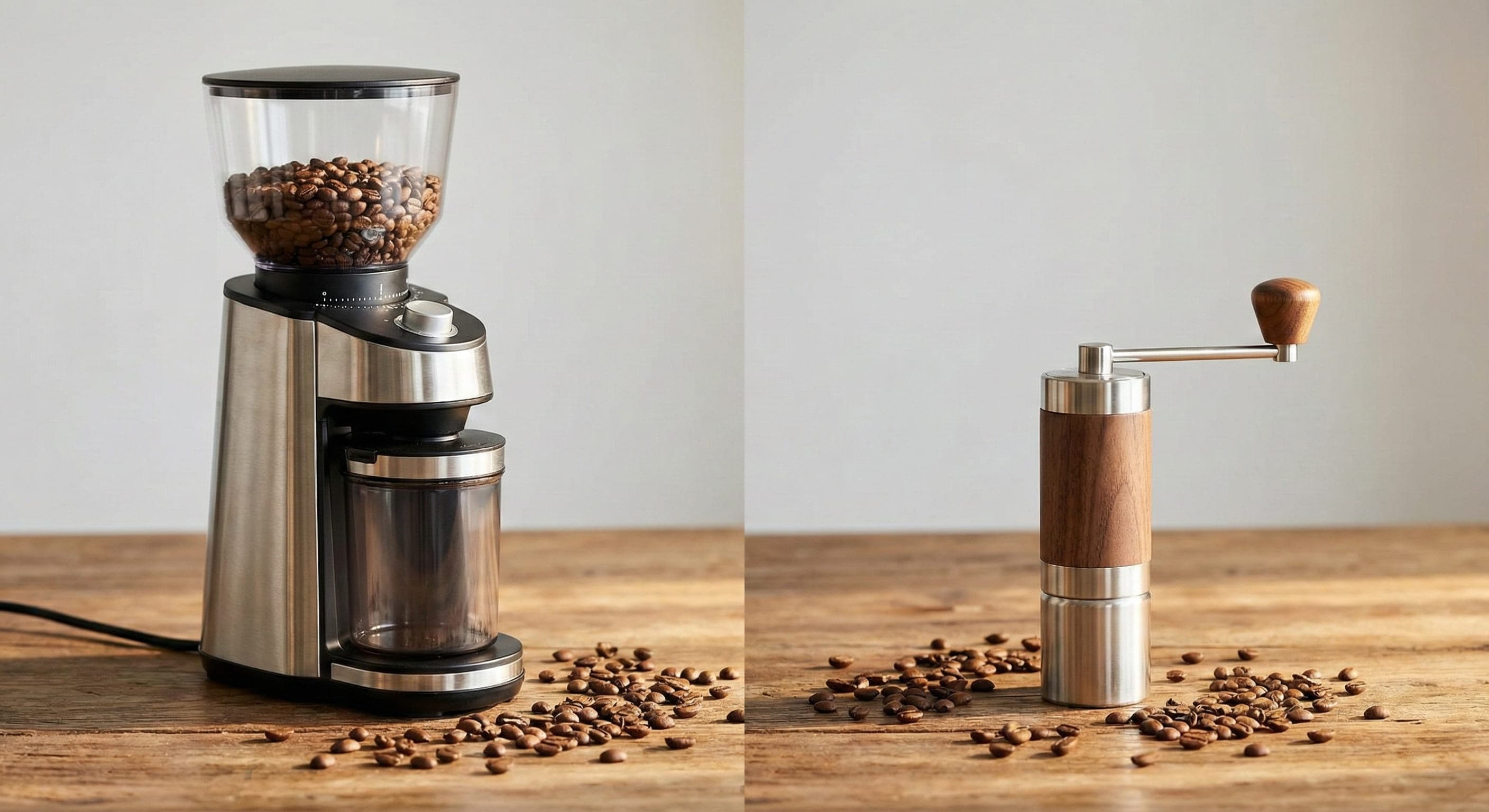 Professional comparison of premium electric burr grinder with digital controls and high-torque motor alongside artisan manual hand grinder with ergonomic crank handle and ceramic conical burrs showing portability for travel, both tested extensively in specialty coffee shop consulting and home brewing optimization