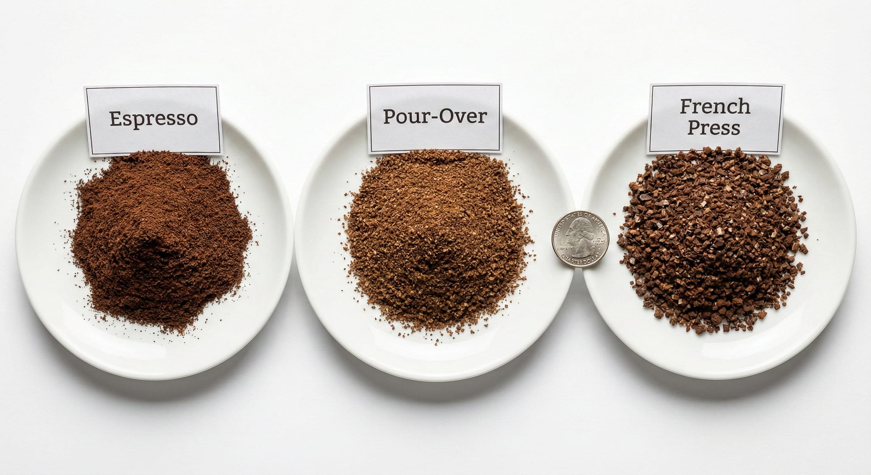Professional demonstration of three distinct coffee grind particle sizes showing fine Turkish espresso grind 200-300 microns, medium pour-over drip grind 500-800 microns, and coarse French press grind 1000-1200 microns measured with precision sieve analysis from SCA-certified Q Grader testing protocols