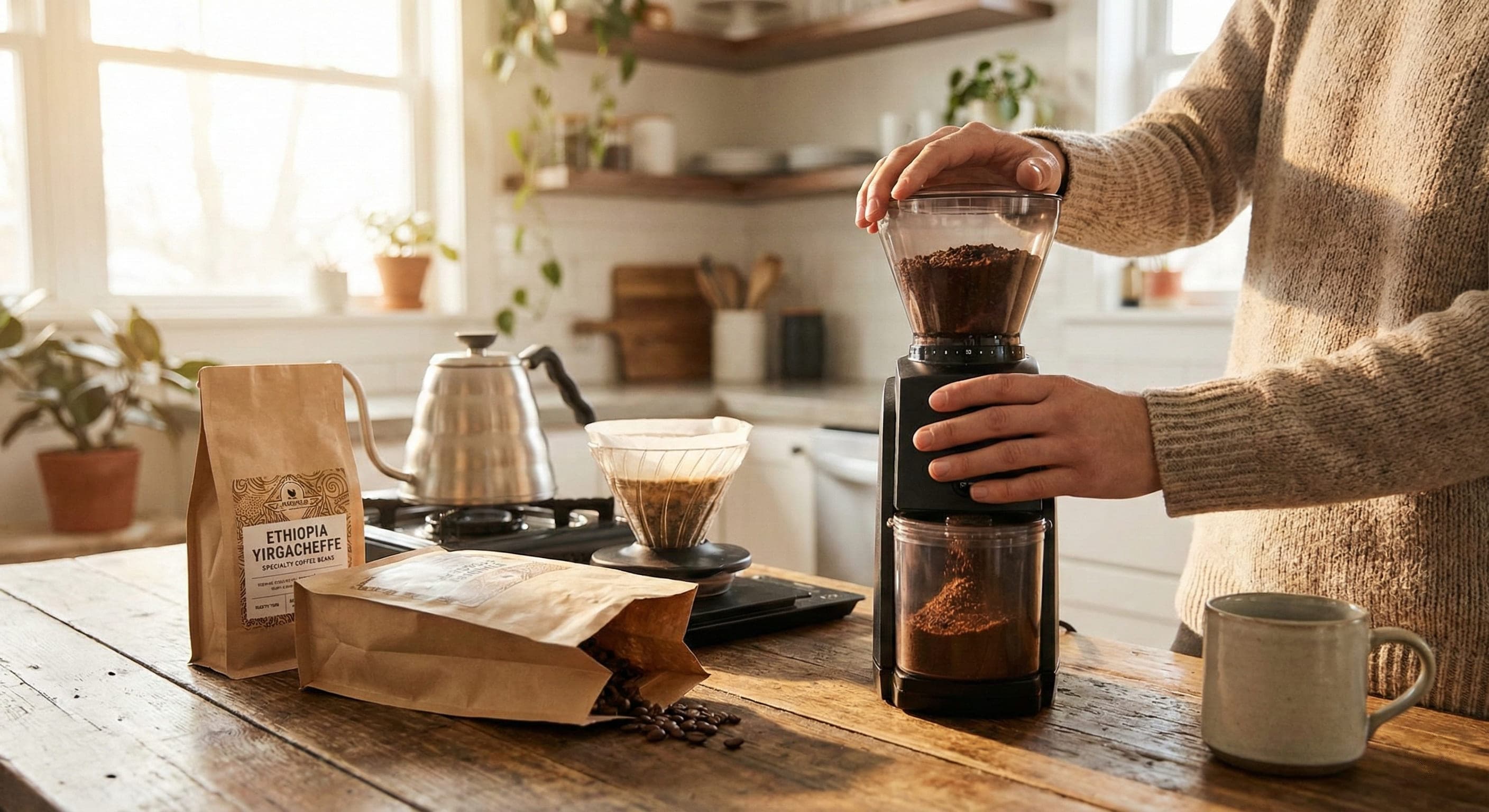 Coffee enthusiast using premium burr grinder in modern home kitchen setup with complete specialty coffee brewing station including espresso machine, pour-over equipment, scale, and fresh roasted beans demonstrating proper daily grinding workflow from professional barista training and home brewing optimization consulting