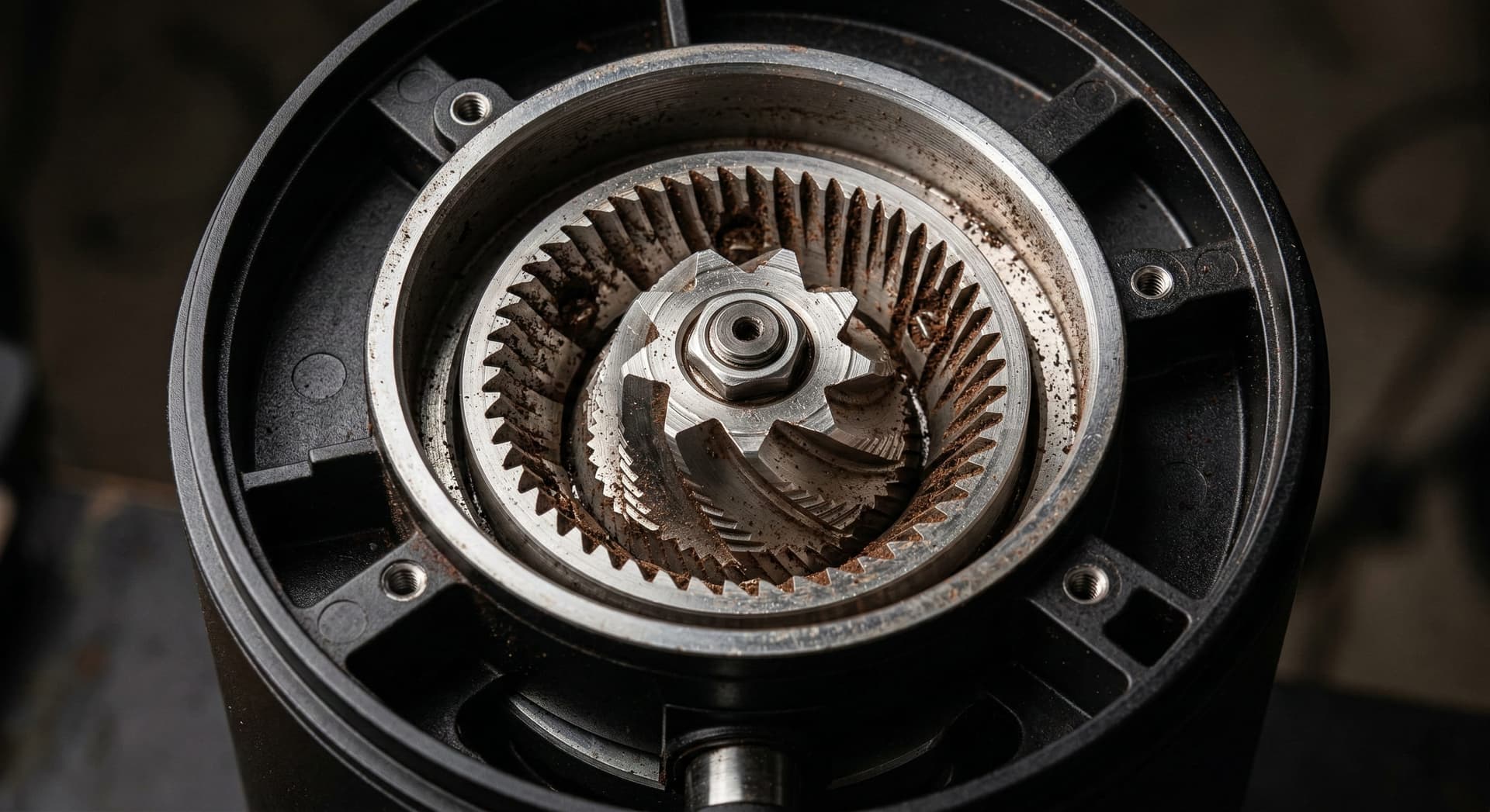 Close-up of conical burr grinder mechanism showing precision-engineered burr set — inner conical burr and outer ring burr that crushes coffee to consistent particle size