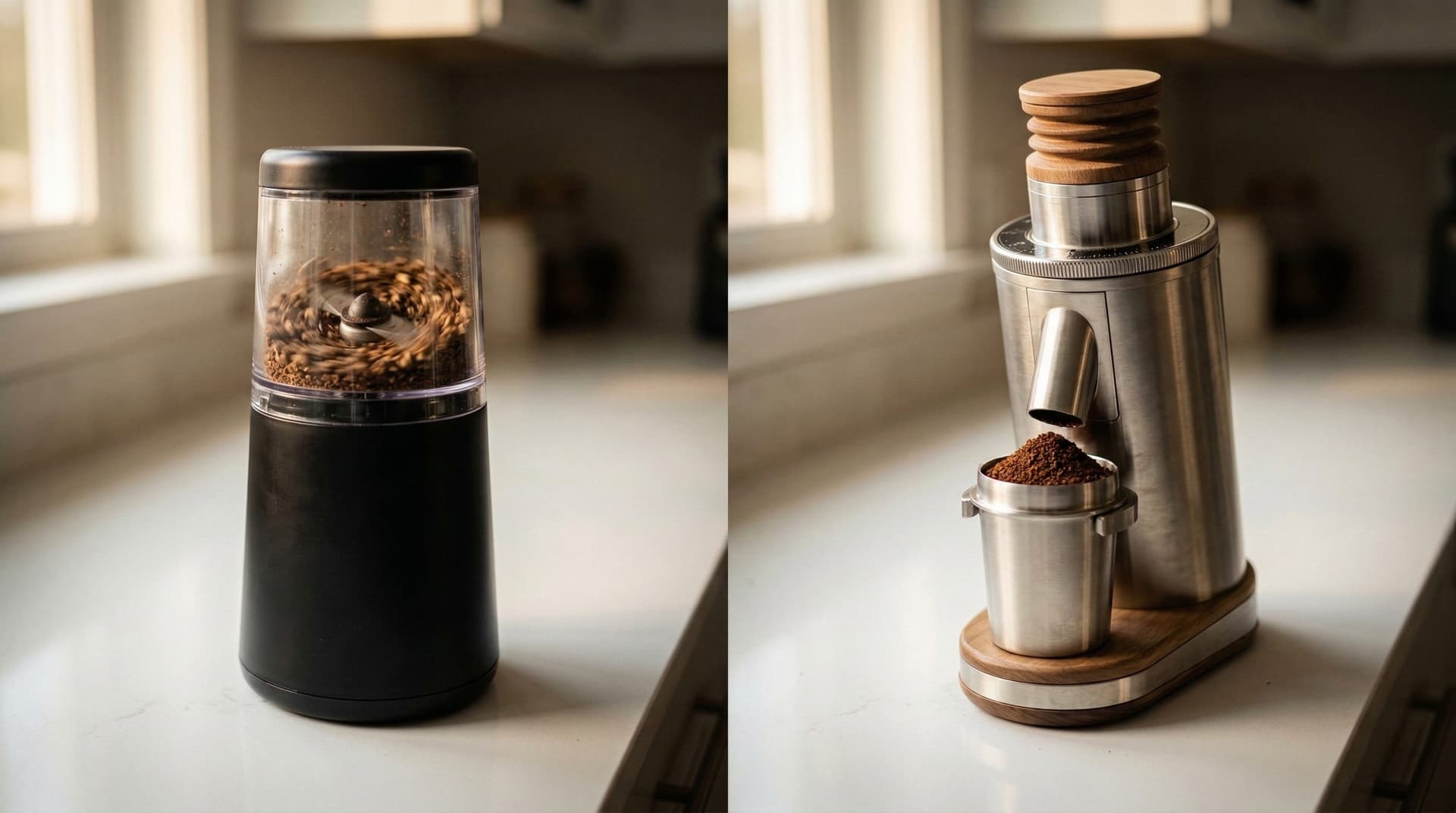 Burr grinder vs blade grinder side-by-side comparison showing the difference in grinding technology and grind consistency