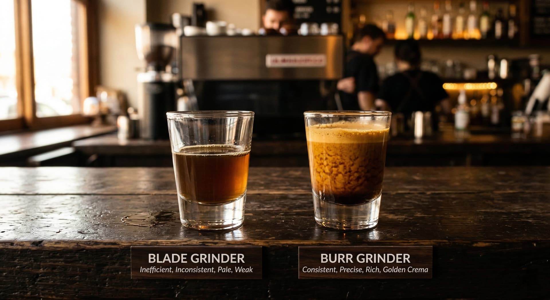 Side-by-side espresso shot comparison — pale under-extracted blade-ground espresso versus rich golden crema burr-ground espresso showing the coffee quality difference between blade and burr grinder