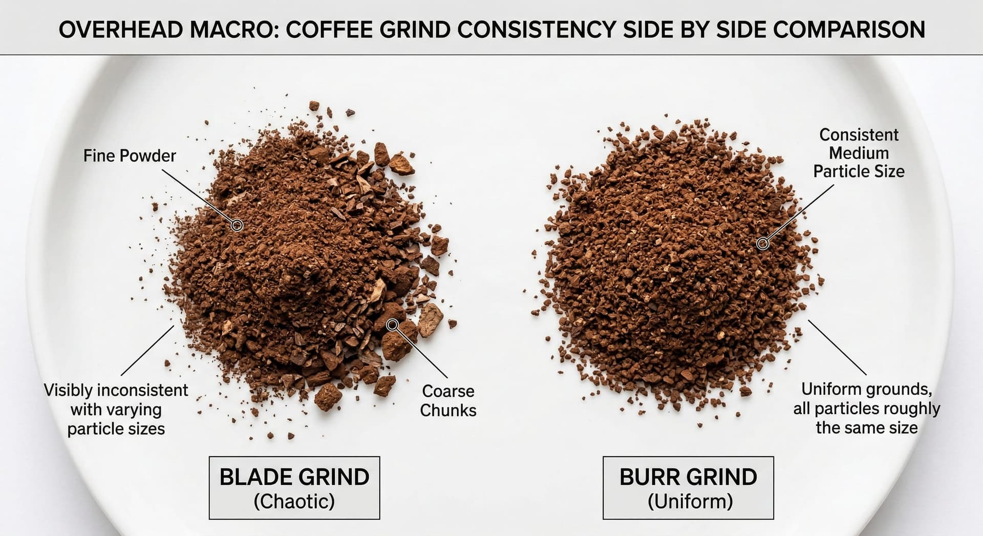 Overhead comparison of blade grinder coffee grounds versus burr grinder coffee grounds — inconsistent chaotic particle distribution from blade versus uniform consistent grind from burr grinder