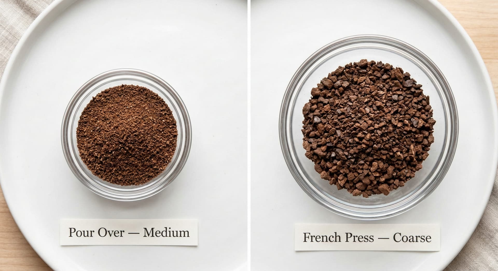 Side-by-side comparison of medium pour over grind at 500-700 microns and coarse French press grind at 800-1100 microns — visual texture difference between coffee grind sizes for different brew methods