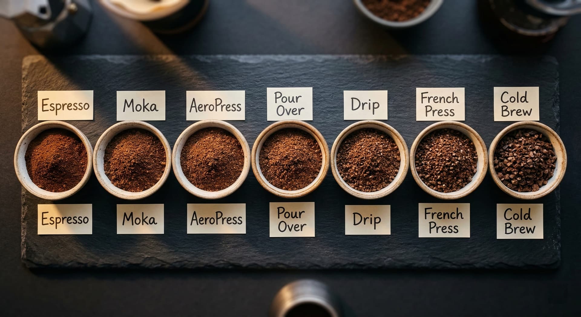 Coffee grind size chart — seven bowls showing grind spectrum from extra fine espresso to extra coarse cold brew for every brewing method