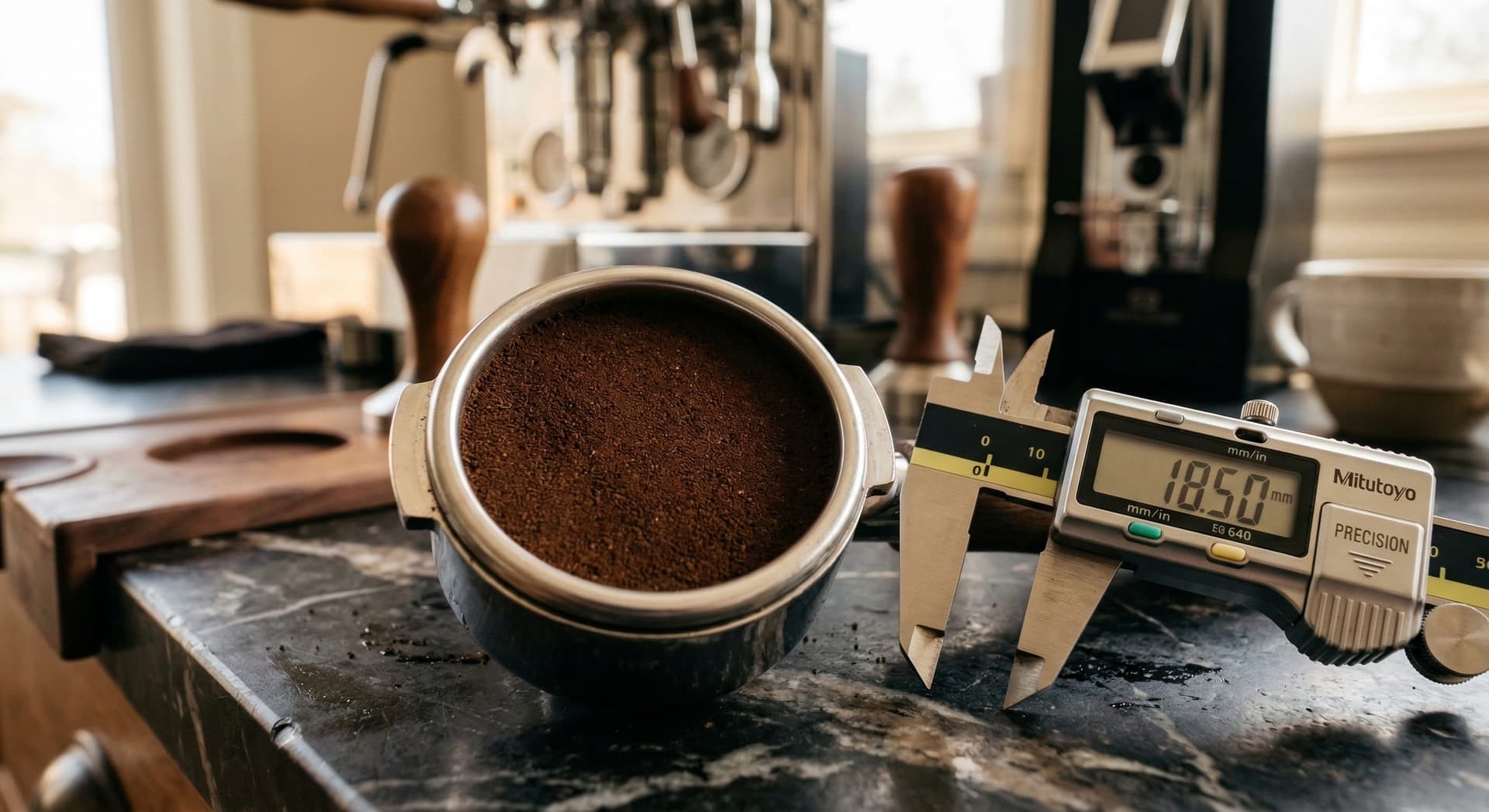 Fine espresso grind in stainless steel portafilter basket — correct espresso grind size at 200-300 microns showing uniform fine texture for 25-32 second extraction at 9 bar
