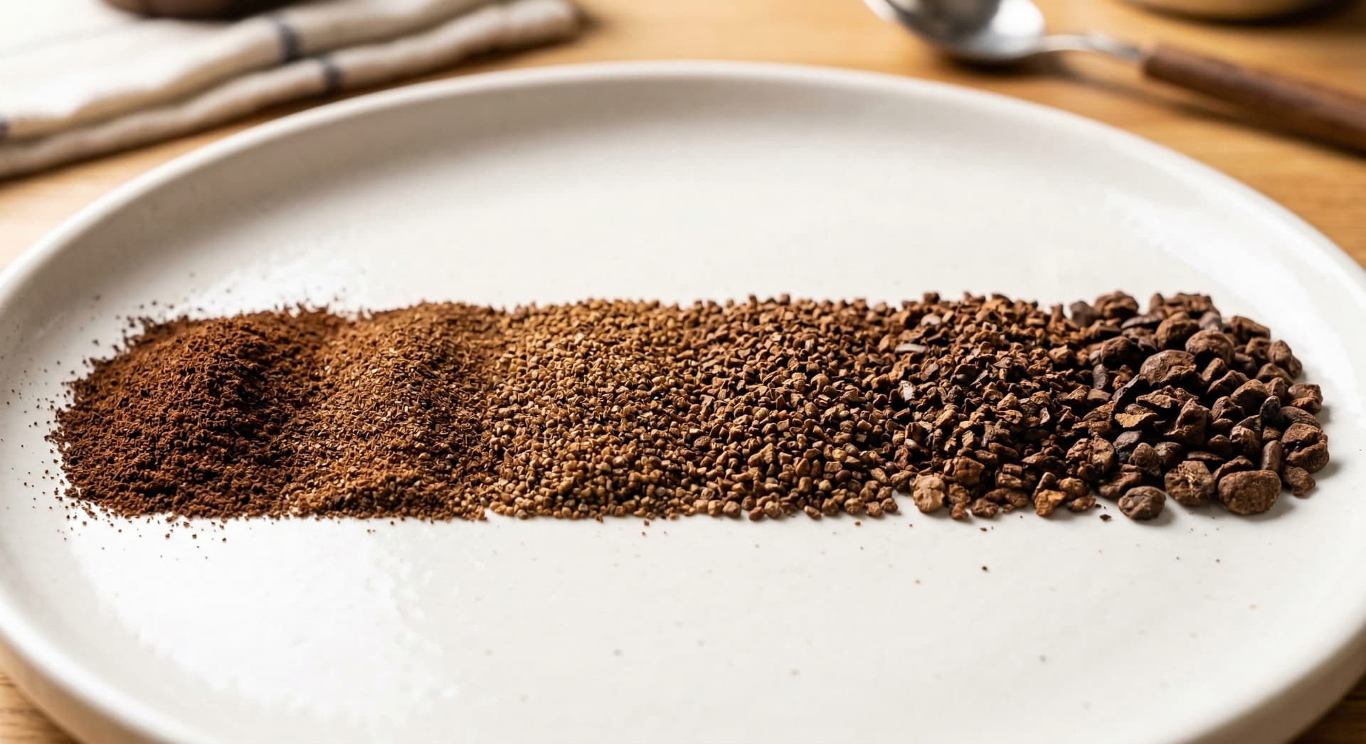 Coffee grind size spectrum — visual gradient from extra fine espresso grind at 100-200 microns through medium pour over grind to extra coarse cold brew grind at 1000-1500 microns