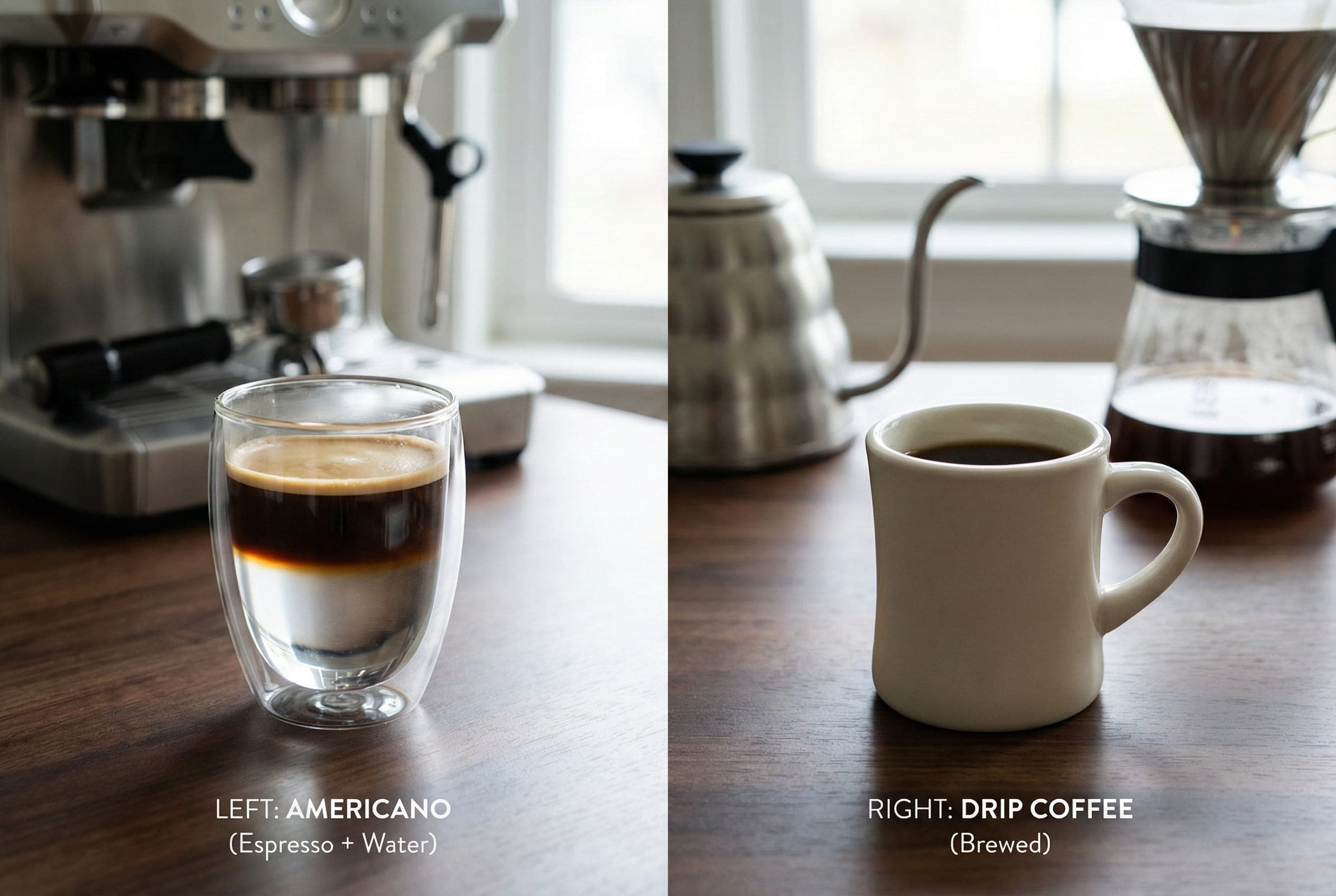 Side-by-side comparison of americano espresso beverage and traditional drip coffee showing brewing method differences, crema layer, and extraction techniques