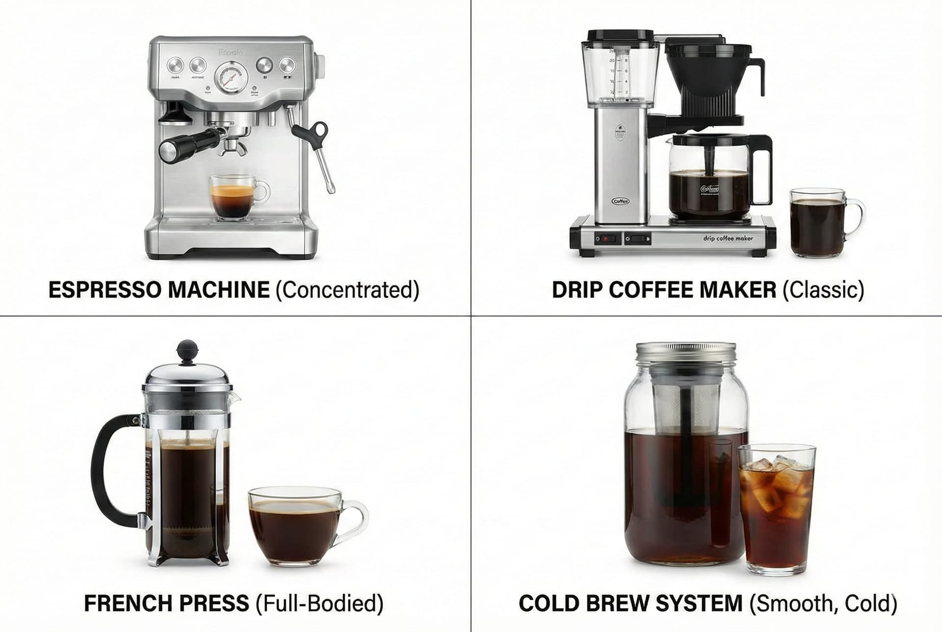 Coffee brewing methods comparison showing espresso machine extraction, drip coffee maker, French press immersion, pour-over technique, and cold brew steeping system