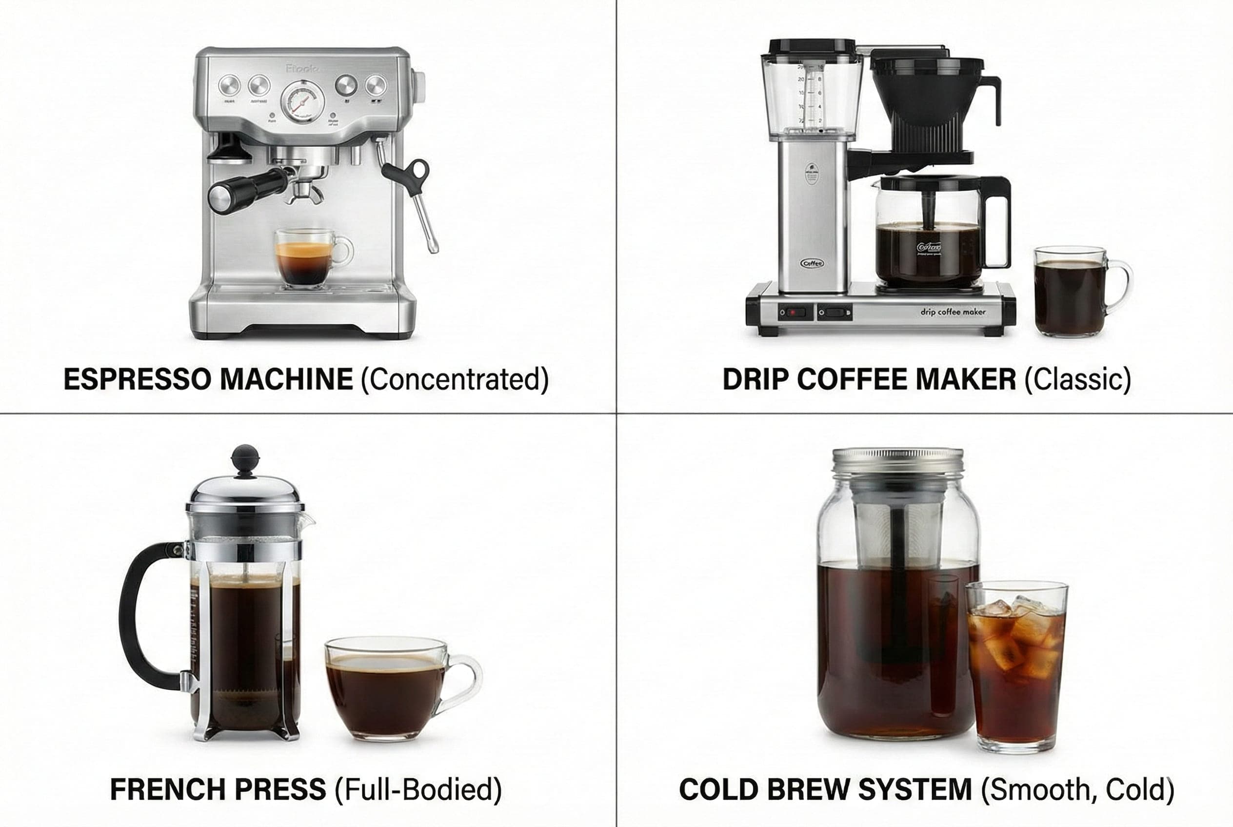 Coffee brewing methods comparison showing espresso machine extraction, drip coffee maker, French press immersion, pour-over technique, and cold brew steeping system
