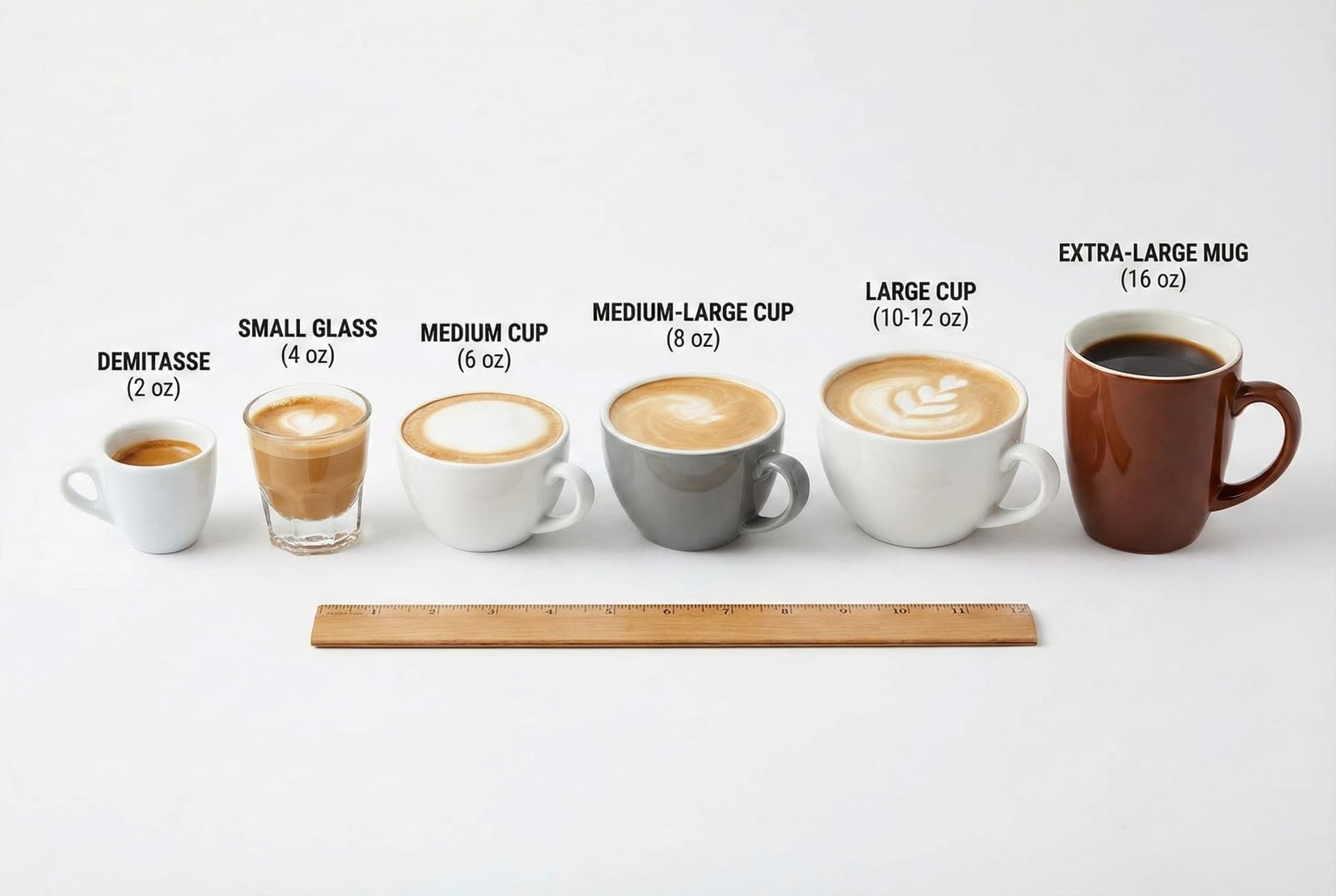 Visual beverage size guide showing typical coffee drink volumes from 2 oz espresso shot to 4 oz cortado to 6 oz cappuccino to 12 oz latte - café portion reference