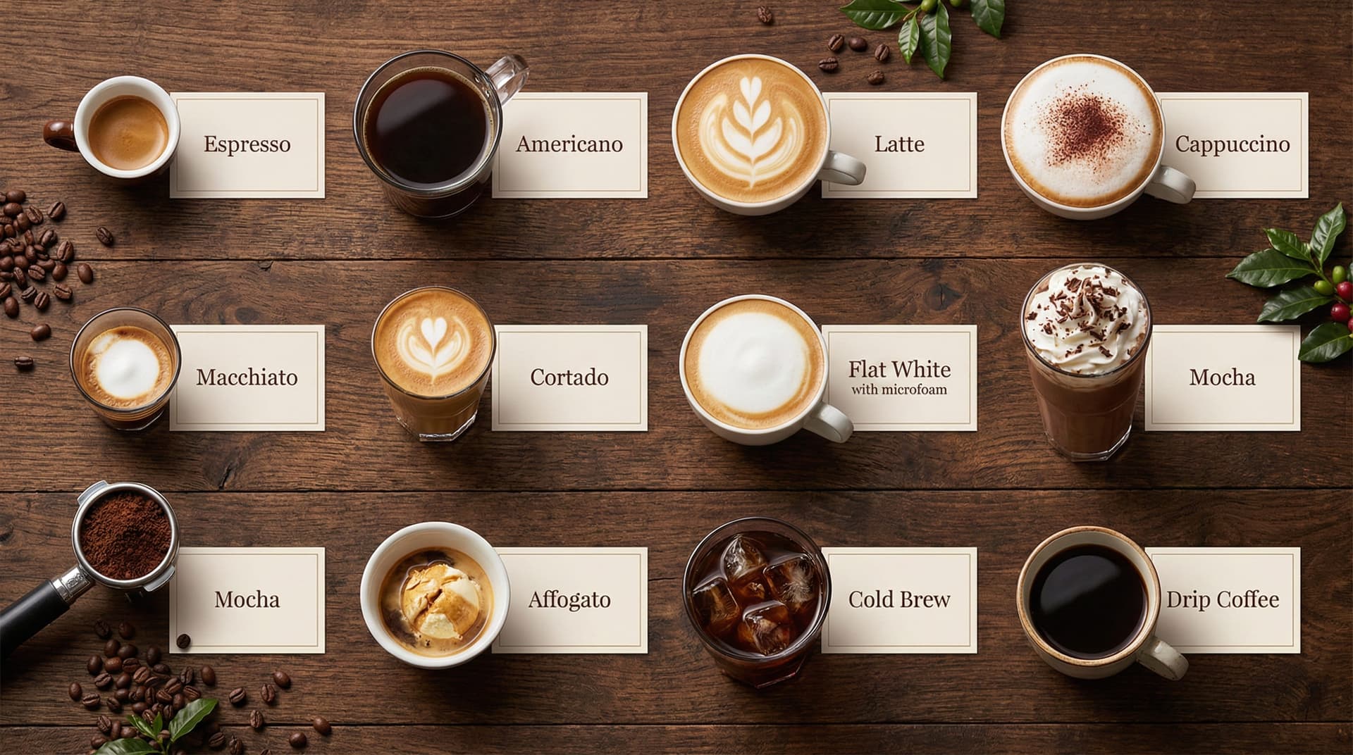 Complete guide to coffee drinks differences showing various espresso beverages, milk-based coffee drinks, and specialty café beverages arranged for comparison