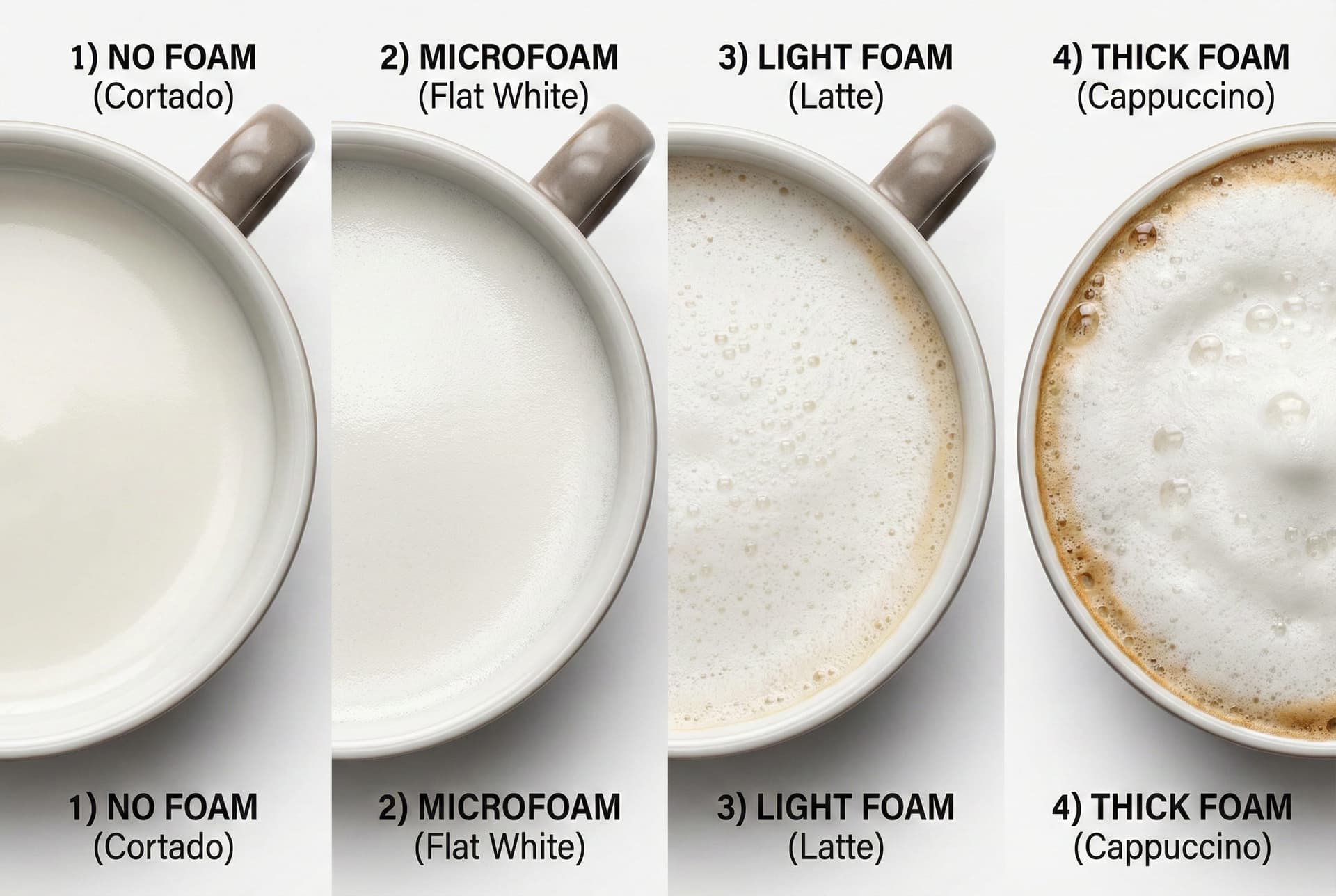 Close-up comparison of milk texturing techniques showing microfoam for latte art, velvety flat white foam, and thick cappuccino foam with air bubbles - barista milk steaming guide