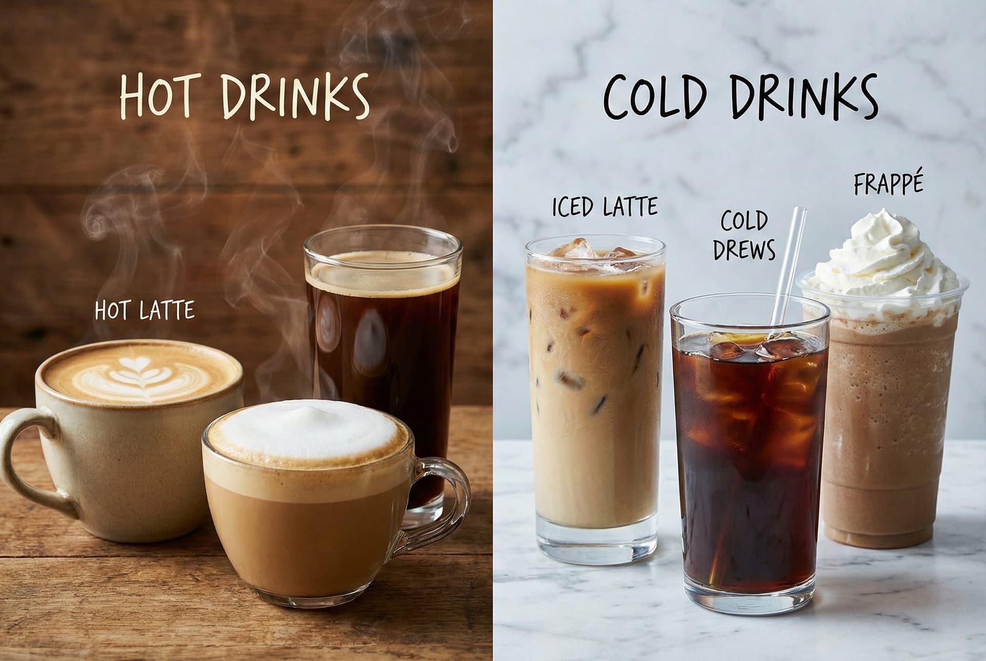 Hot versus cold coffee beverage categories showing traditional hot espresso drinks compared to iced latte, cold brew, and blended frozen coffee preparations