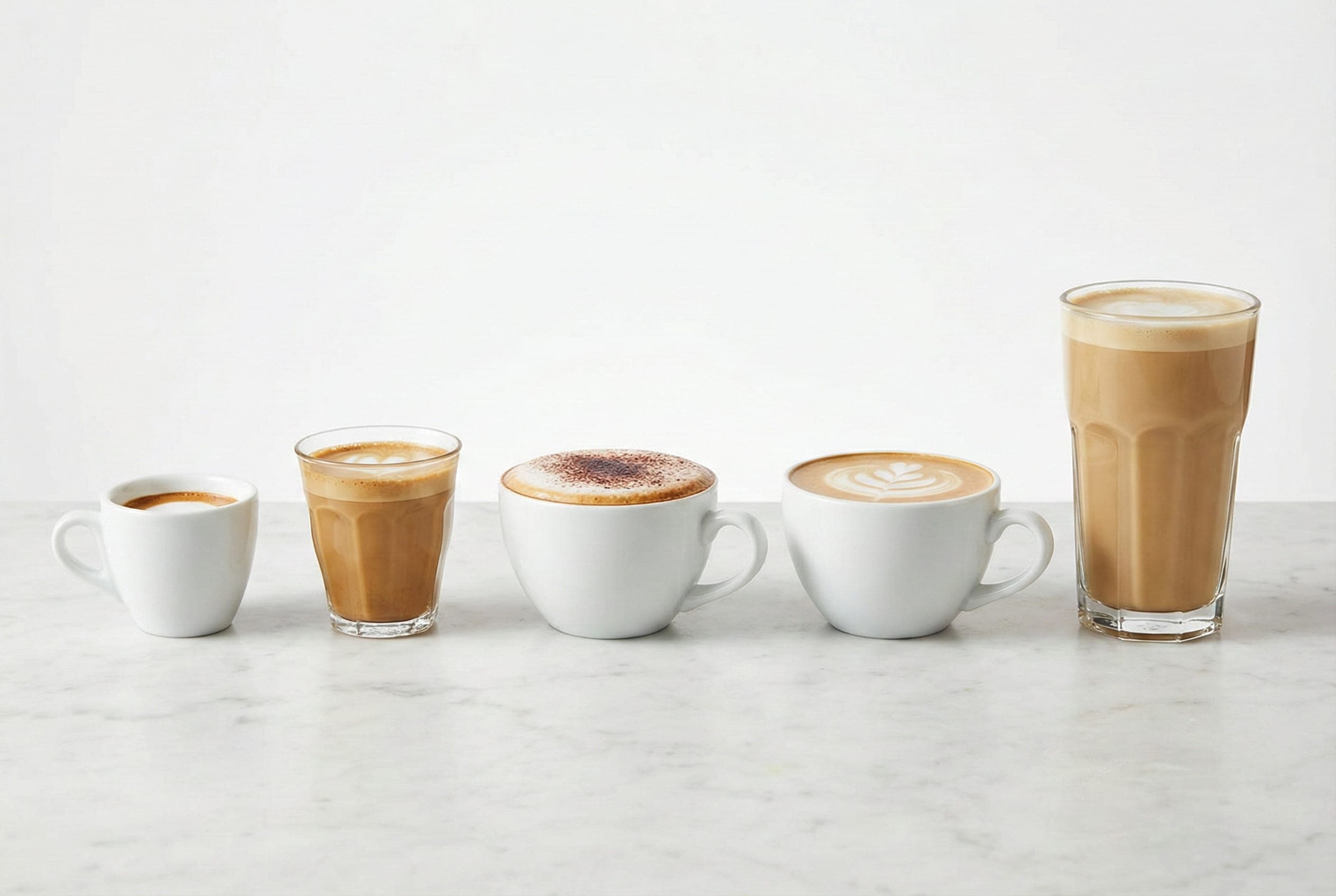 Espresso drink spectrum showing progression from least to most milk: macchiato, cortado, cappuccino with foam, flat white with microfoam, and creamy latte - barista technique comparison