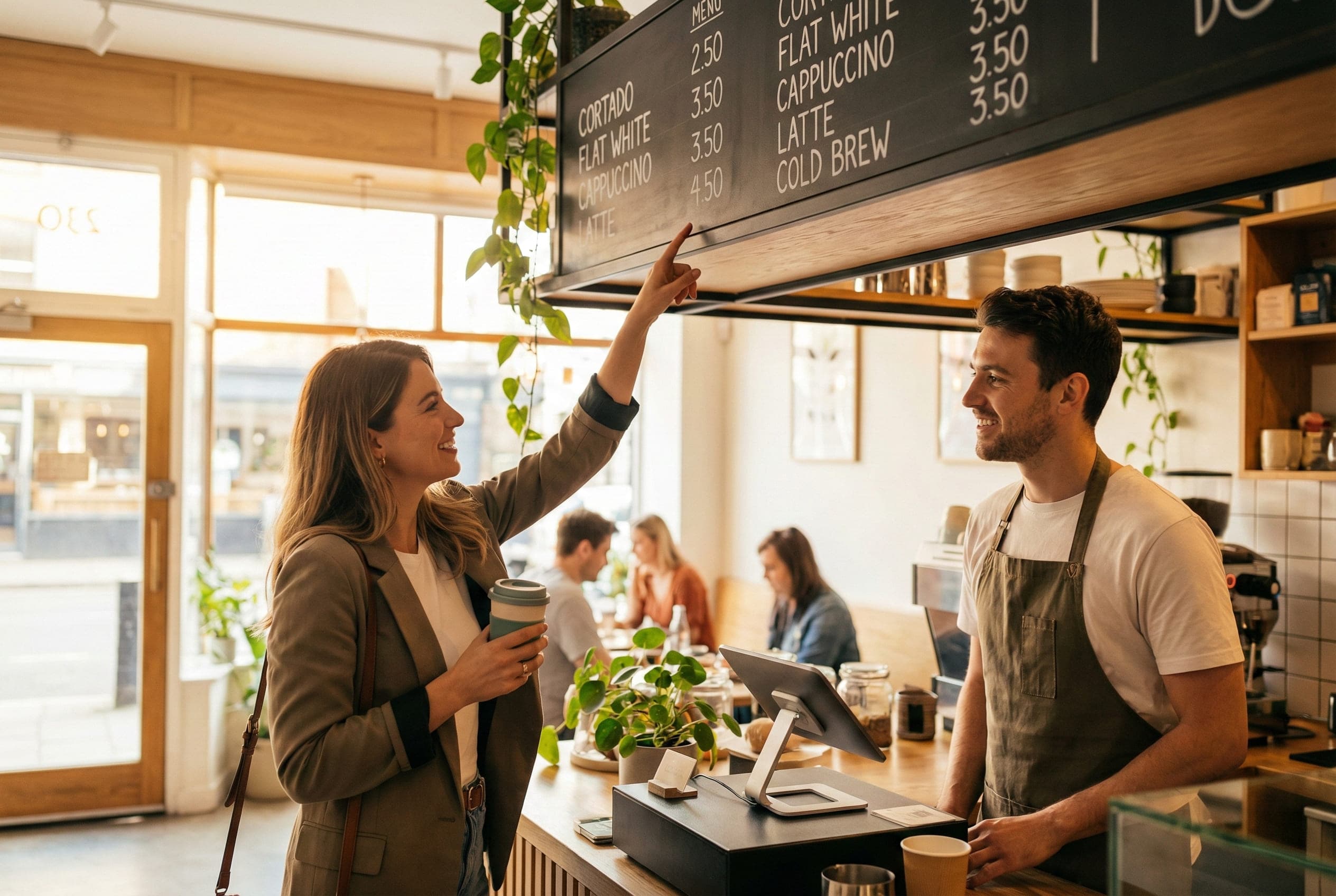 Confident café customer ordering specialty coffee drinks using menu knowledge, showing barista interaction and espresso machine in background - coffee shop ordering guide