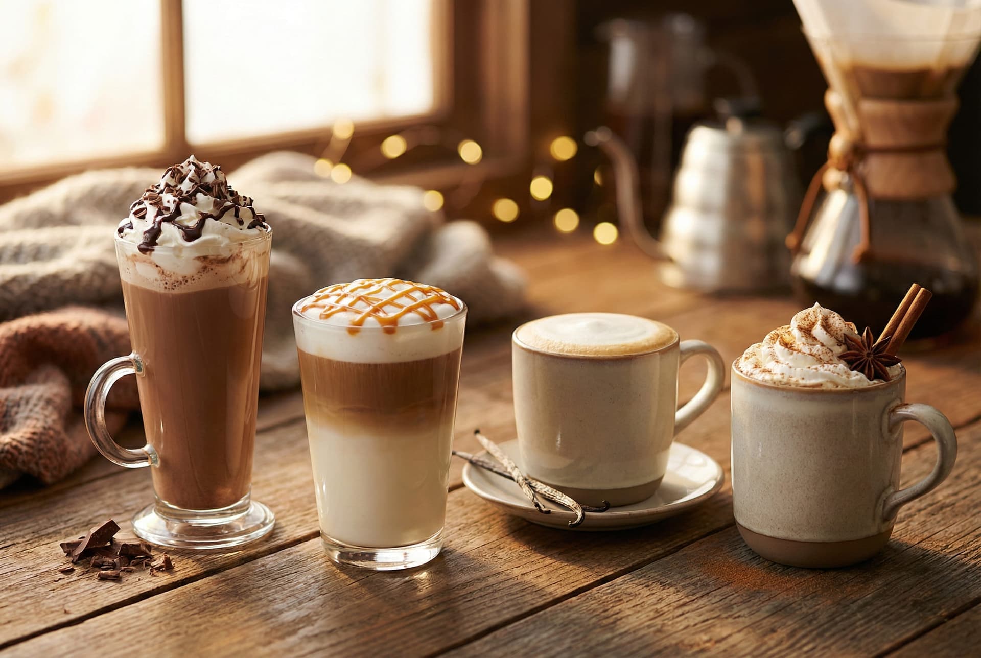 Specialty café beverages including mocha with chocolate, caramel macchiato, flavored lattes with syrup pumps, and whipped cream toppings - coffee shop menu variations