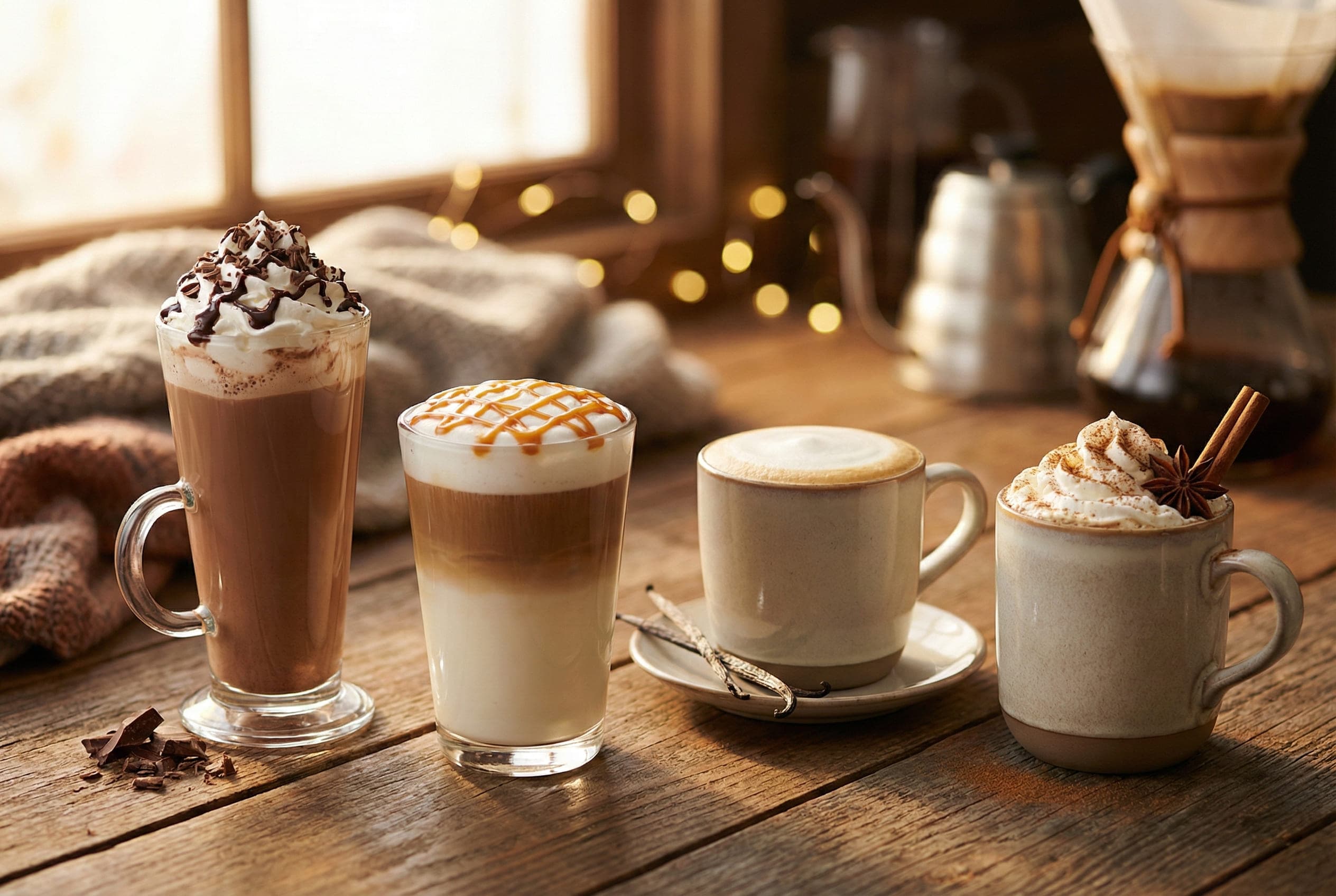 Specialty café beverages including mocha with chocolate, caramel macchiato, flavored lattes with syrup pumps, and whipped cream toppings - coffee shop menu variations