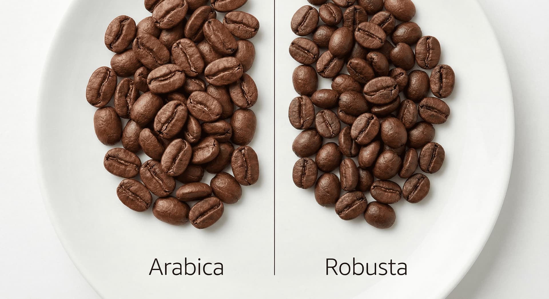 Side-by-side comparison of Arabica and Robusta espresso beans showing size and color differences