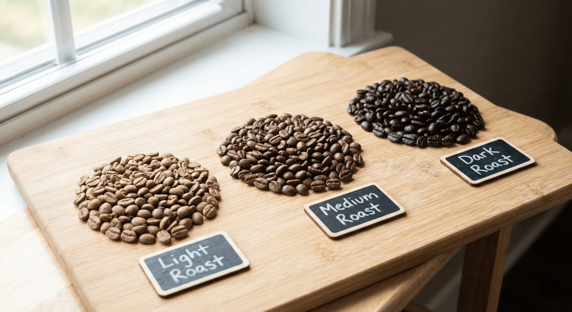 Three espresso bean samples showing light roast, medium roast, and dark roast color variations