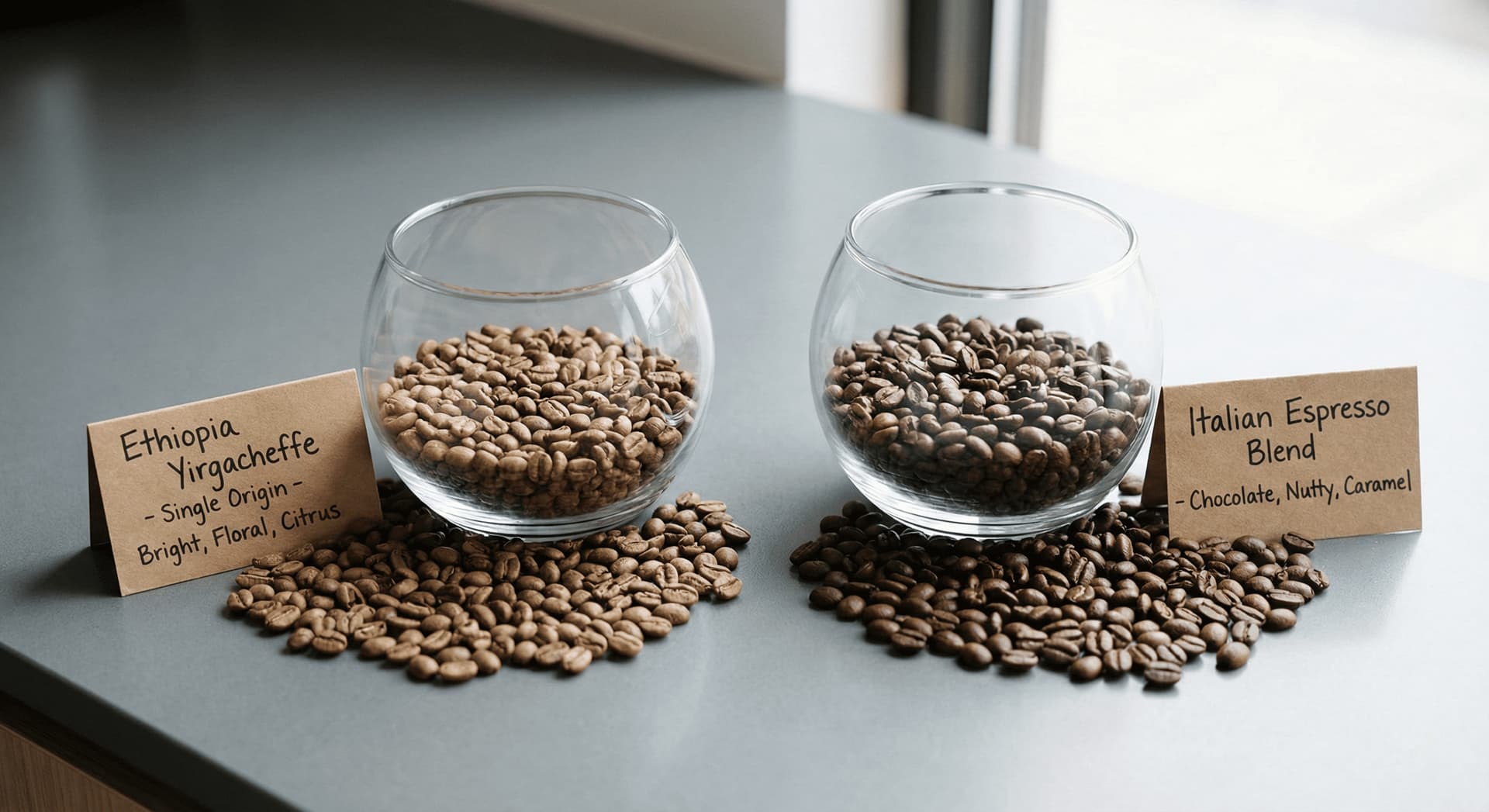 Comparison of single-origin espresso beans and espresso blend with origin labels and tasting notes